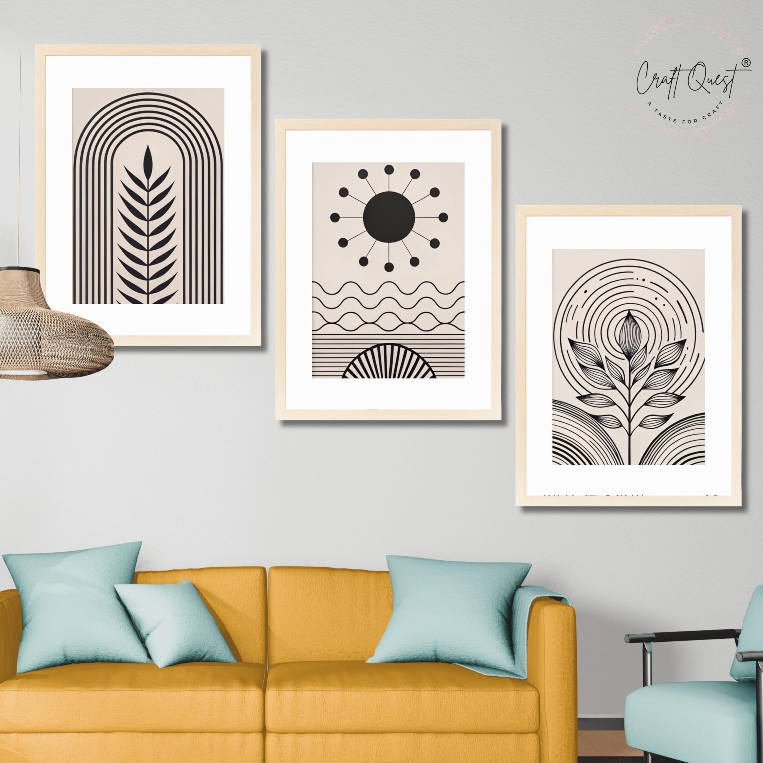 CRAFT QUEST Abstract Series Framed Paintings With Sun | Set of 3 Frames for Home Decoration | Ideal for Living Room, Bedroom & Offices
