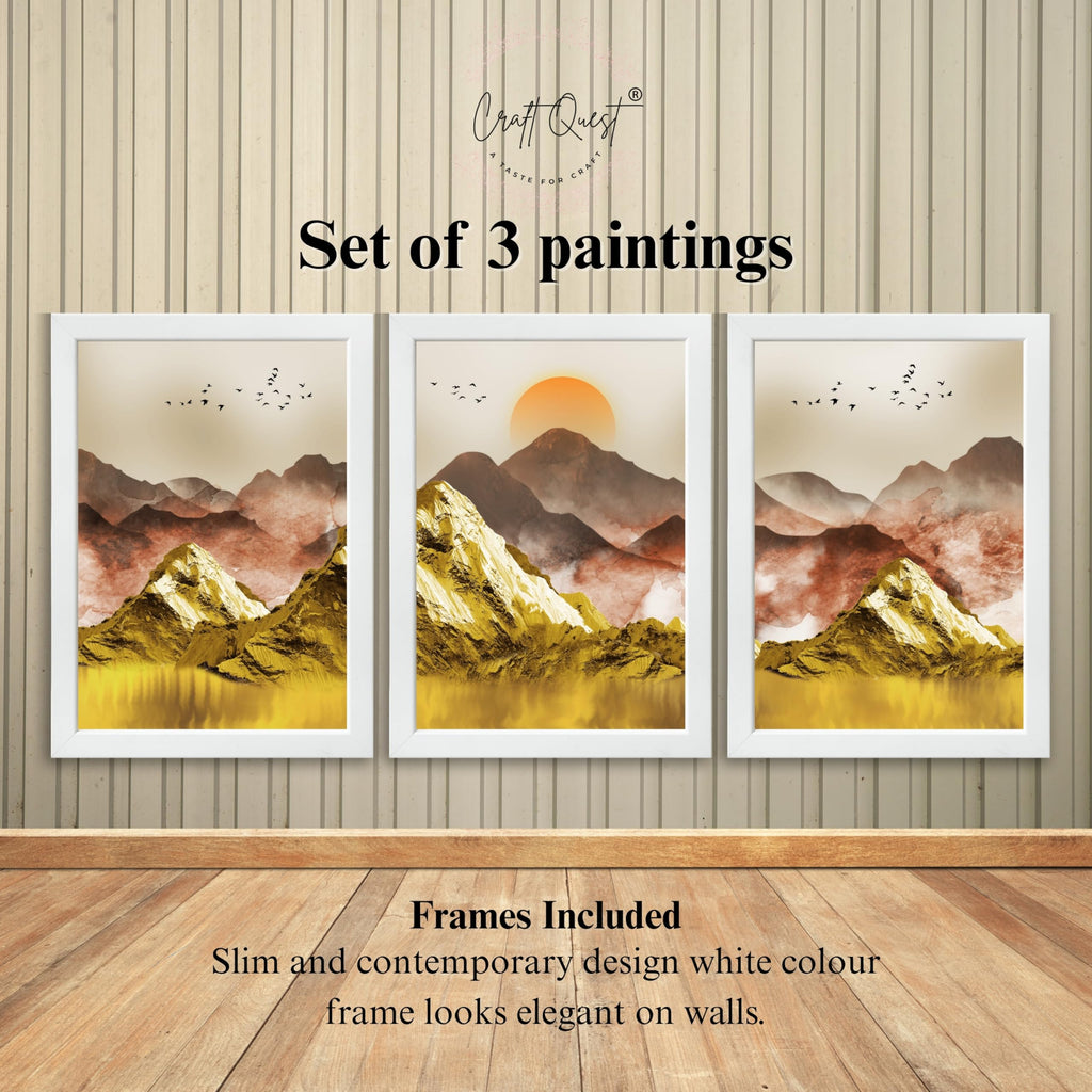 CRAFT QUEST Modern Art Mural Landscape Golden Mountains & Birds Wall Art | Set of 3 Frames for Home Decoration | Ideal for Living Room, Bedroom & Offices