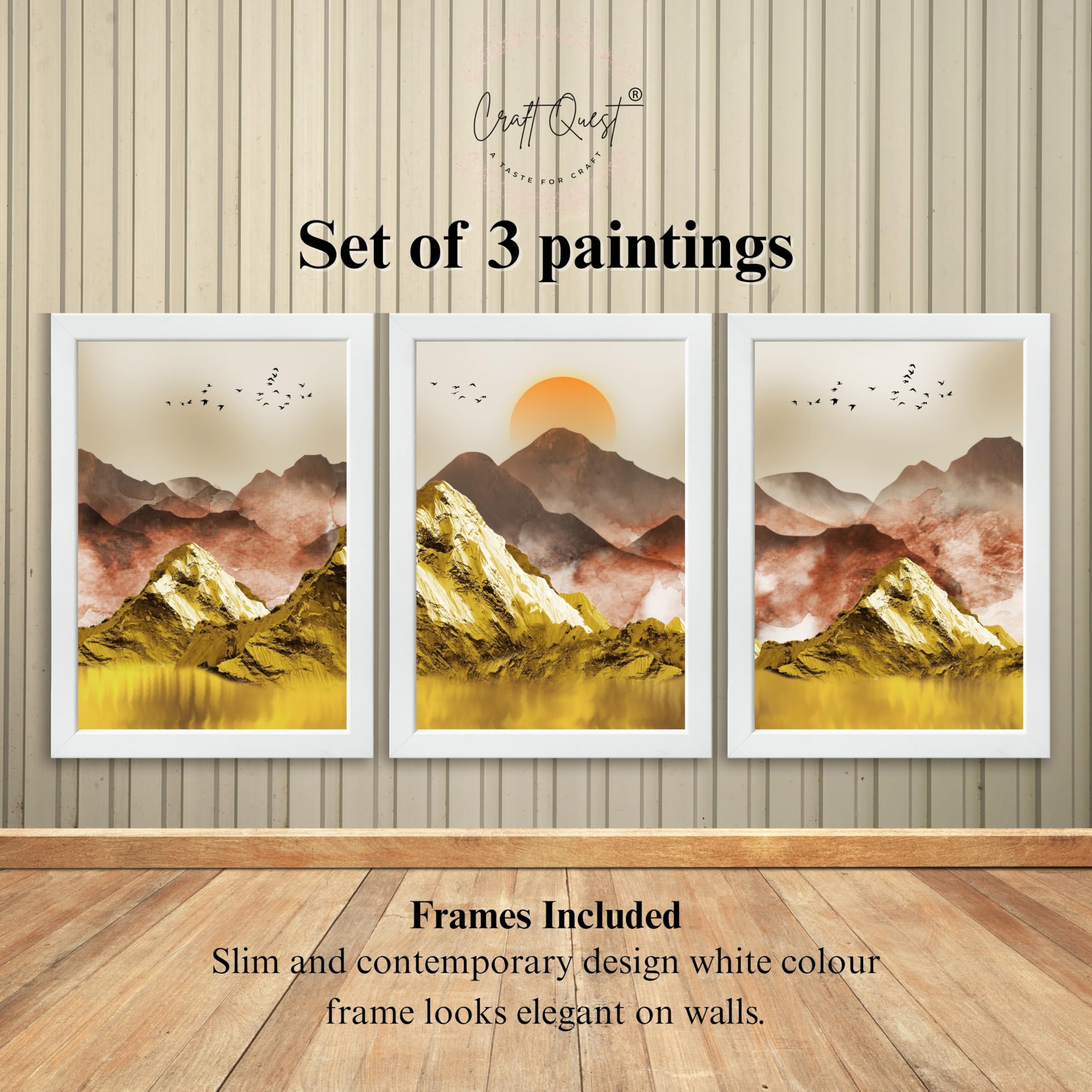 CRAFT QUEST Modern Art Mural Landscape Golden Mountains & Birds Wall Art | Set of 3 Frames for Home Decoration | Ideal for Living Room, Bedroom & Offices