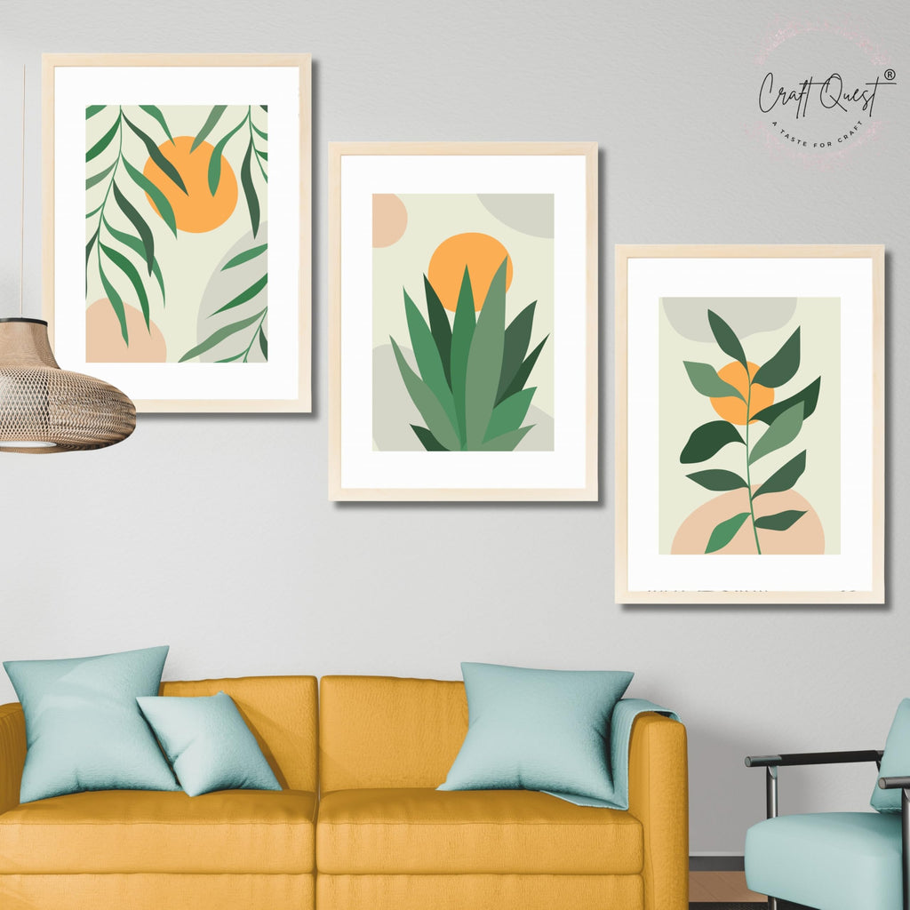CRAFT QUEST Nature Inspired Botanical Abstract Wall Art | Set of 3 Frames for Home Decoration | Ideal for Living Room, Bedroom & Office