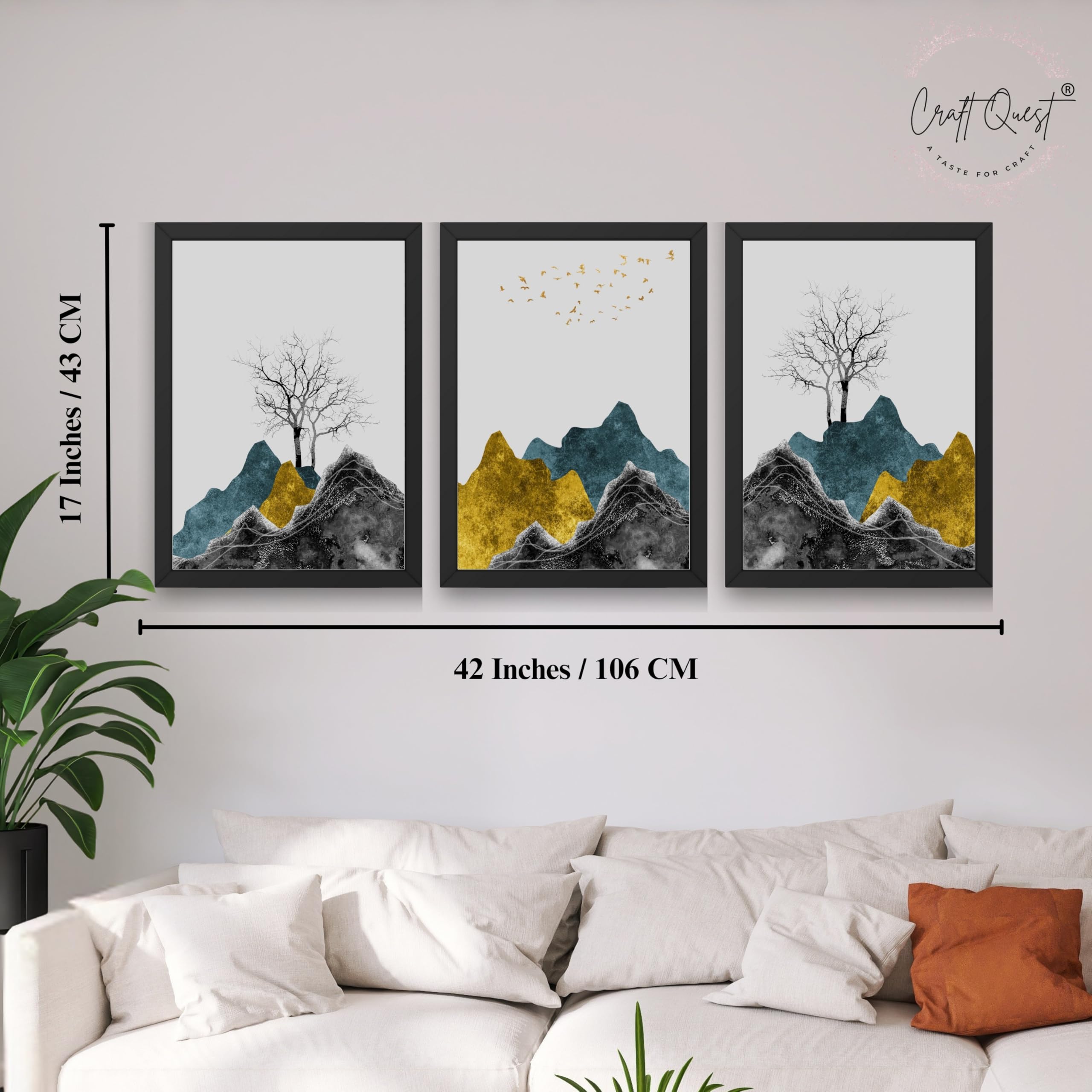 CRAFT QUEST Chinese Landscape Abstract Art Modern Art | Set of 3 Frames for Home Decoration | Ideal for Living Room, Bedroom & Offices
