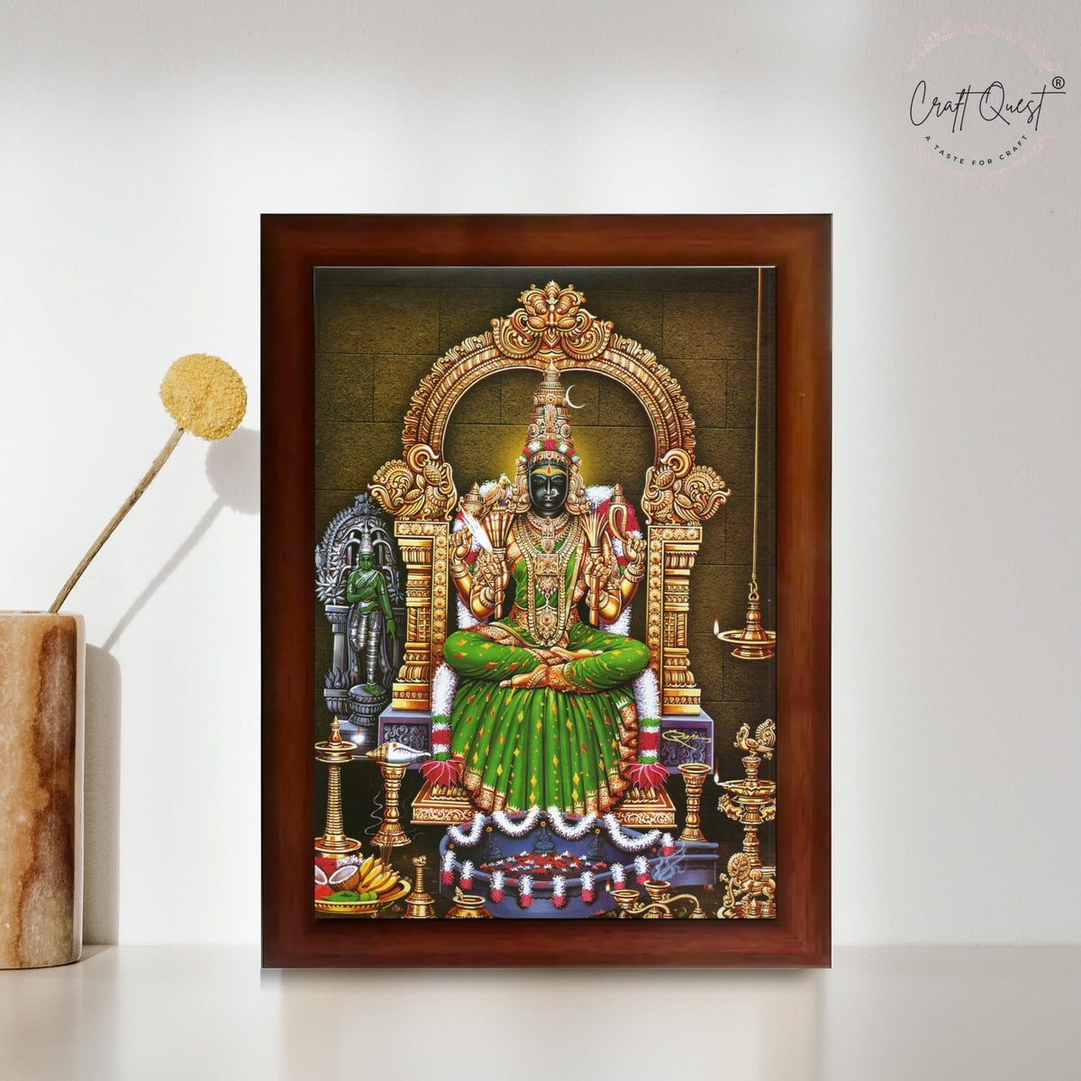 CRAFT QUEST Kanchi Kamakshi Kamachi Amman Kanji Kamatchi Wall Painting Photo Framed | South God Picture Frame for Home, Office, Temple & Gifting