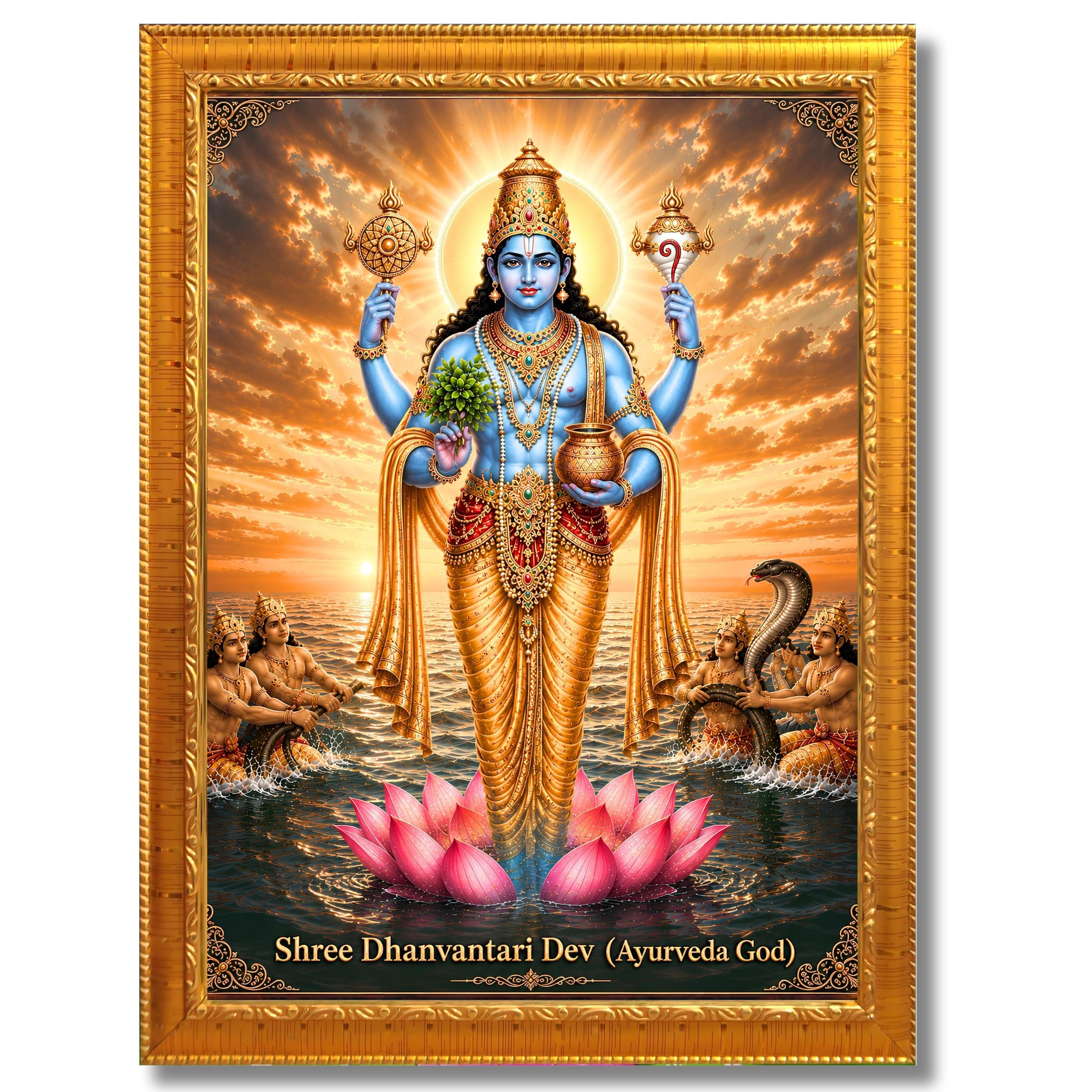 CRAFT QUEST Lord Dhanvantari/Dhanwantari Photo Frame | Hindu God of Ayurveda & Healing | Wooden Framed Wall Art for Home Temple, Office & Clinic Decor | Vastu & Spiritual Gift Item