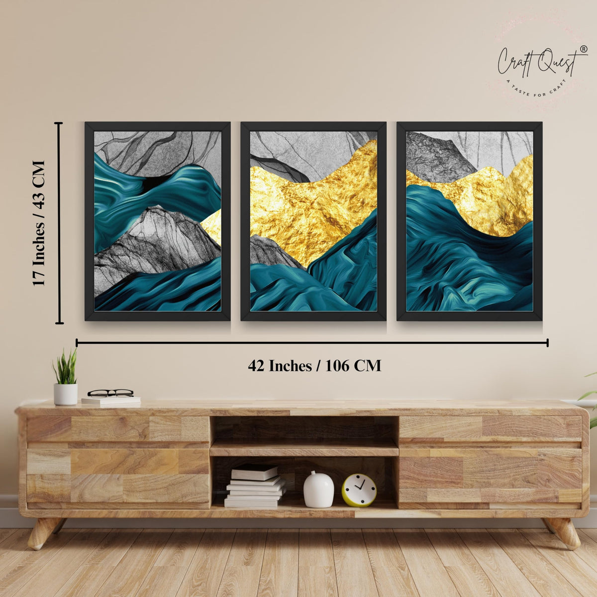 CRAFT QUEST Modern Art Abstract Golden Fashion Wall Art | Set of 3 Frames for Home Decoration | Ideal for Living Room, Bedroom & Offices