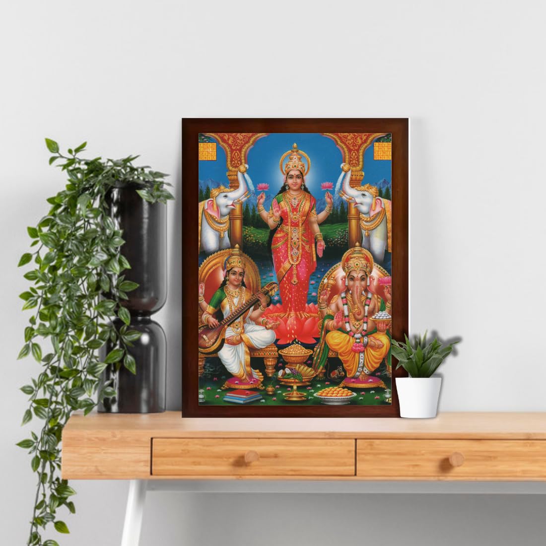 CRAFT QUEST Standing Lakshmi Devi with ganesh ji and saraswati maa Wall Painting Frame for Shop or Business