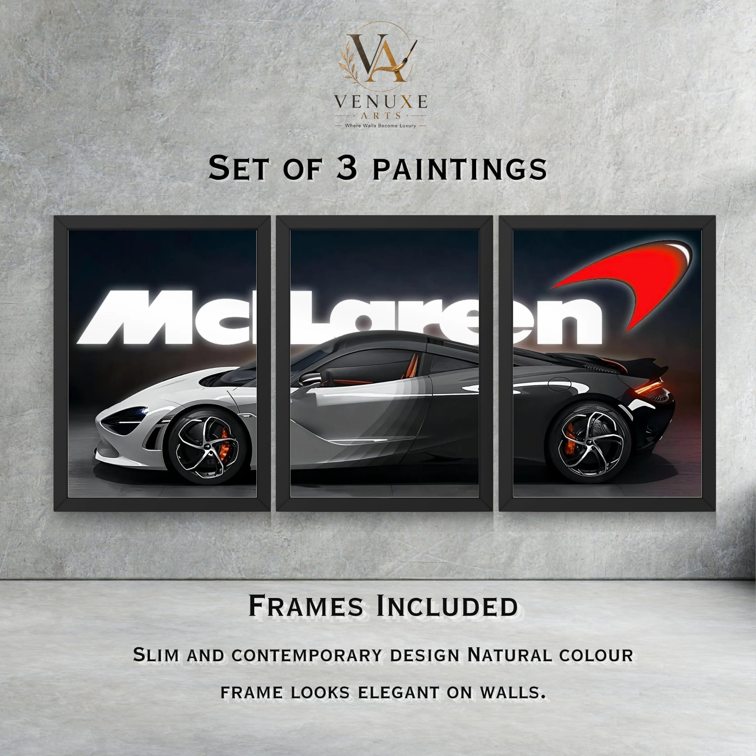 VENUXE ARTS Set Of 3 Big Sports Cars Framed Posters Gift Items for Boys Room Wall Decoration Bedroom Living Room Office Studio Décor | Car Poster Frame for Wall Décor
