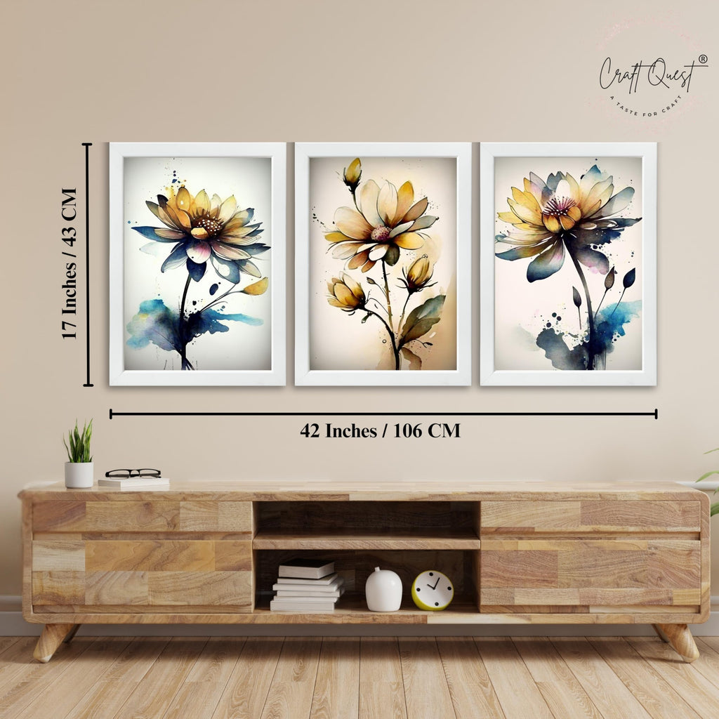 CRAFT QUEST Nature Inspired Triptych Flowers Abstract Wall Art | Set of 3 Frames for Home Decoration | Ideal for Living Room, Bedroom & Office