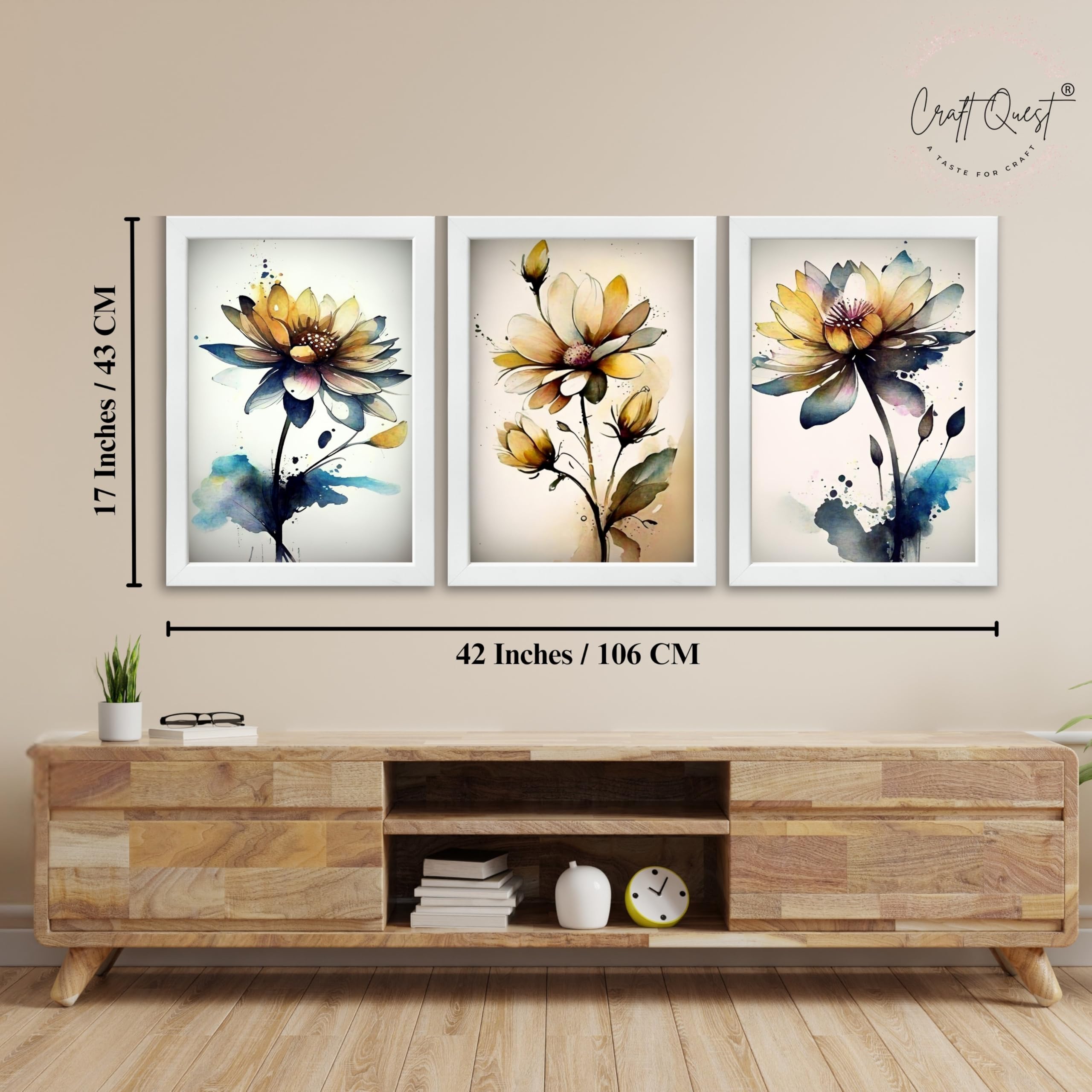 CRAFT QUEST Nature Inspired Triptych Flowers Abstract Wall Art | Set of 3 Frames for Home Decoration | Ideal for Living Room, Bedroom & Office
