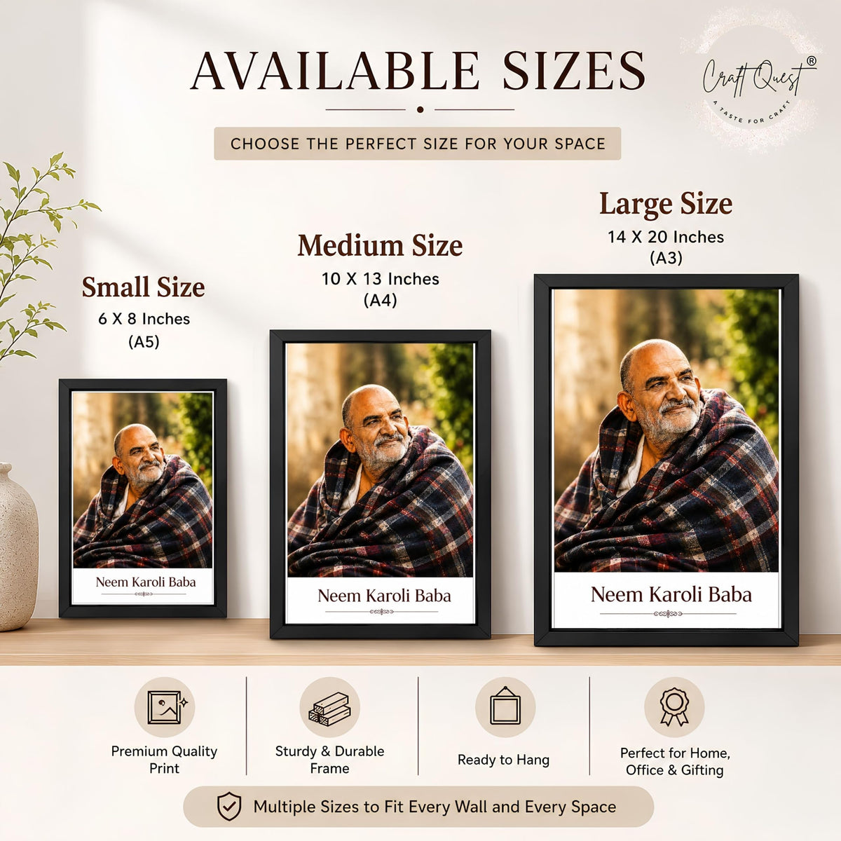CRAFT QUEST Neem Karoli Baba Maharaj Ji Smiling Portrait Photo Frame for Wall | Spiritual Guru Religious Wall Art | Devotional Photo for Home, Mandir, Puja Room & Gifting
