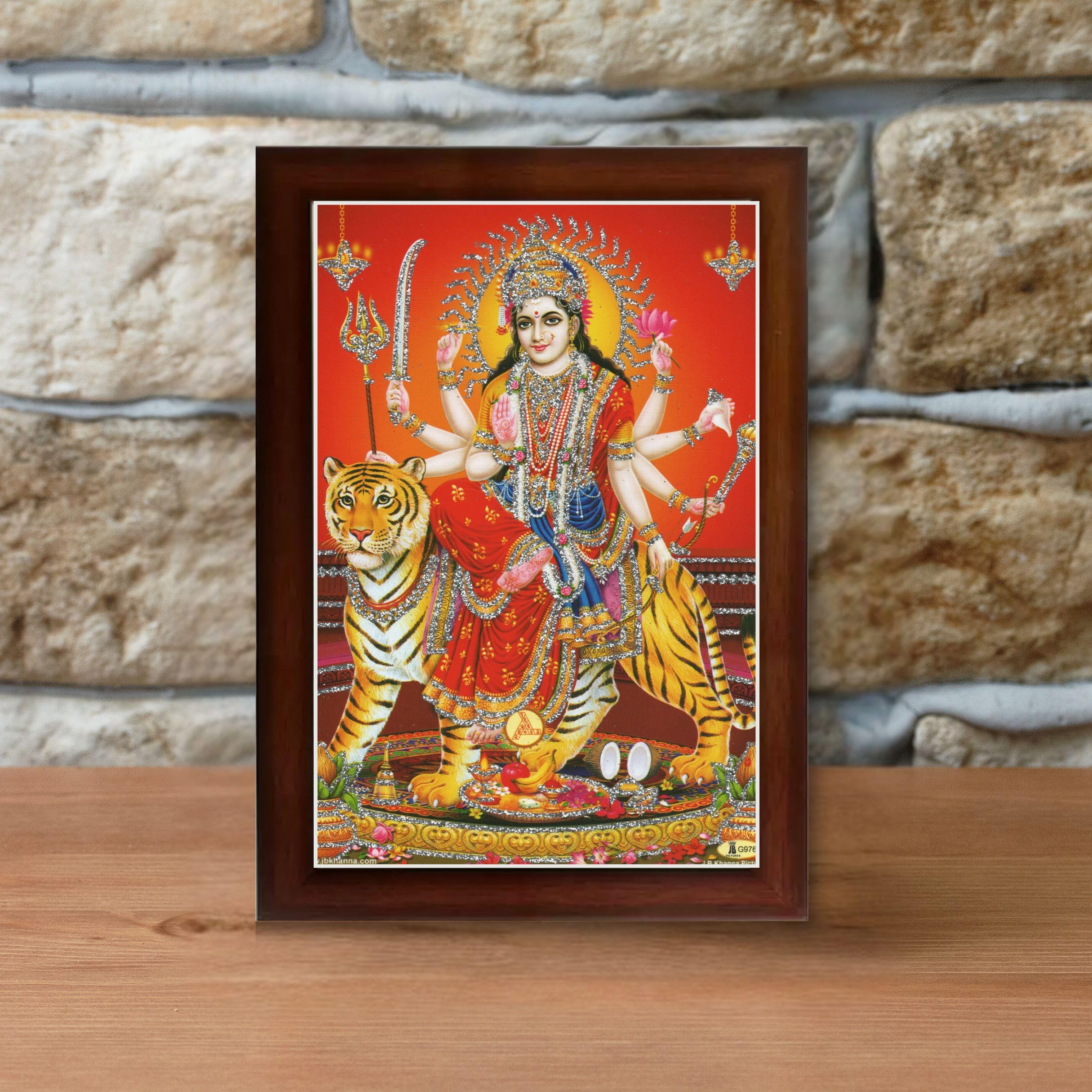 CRAFT QUEST Durga maa photo with BROWN frame, God Religious Framed Painting (Small Size, 8 X 6 Inches)