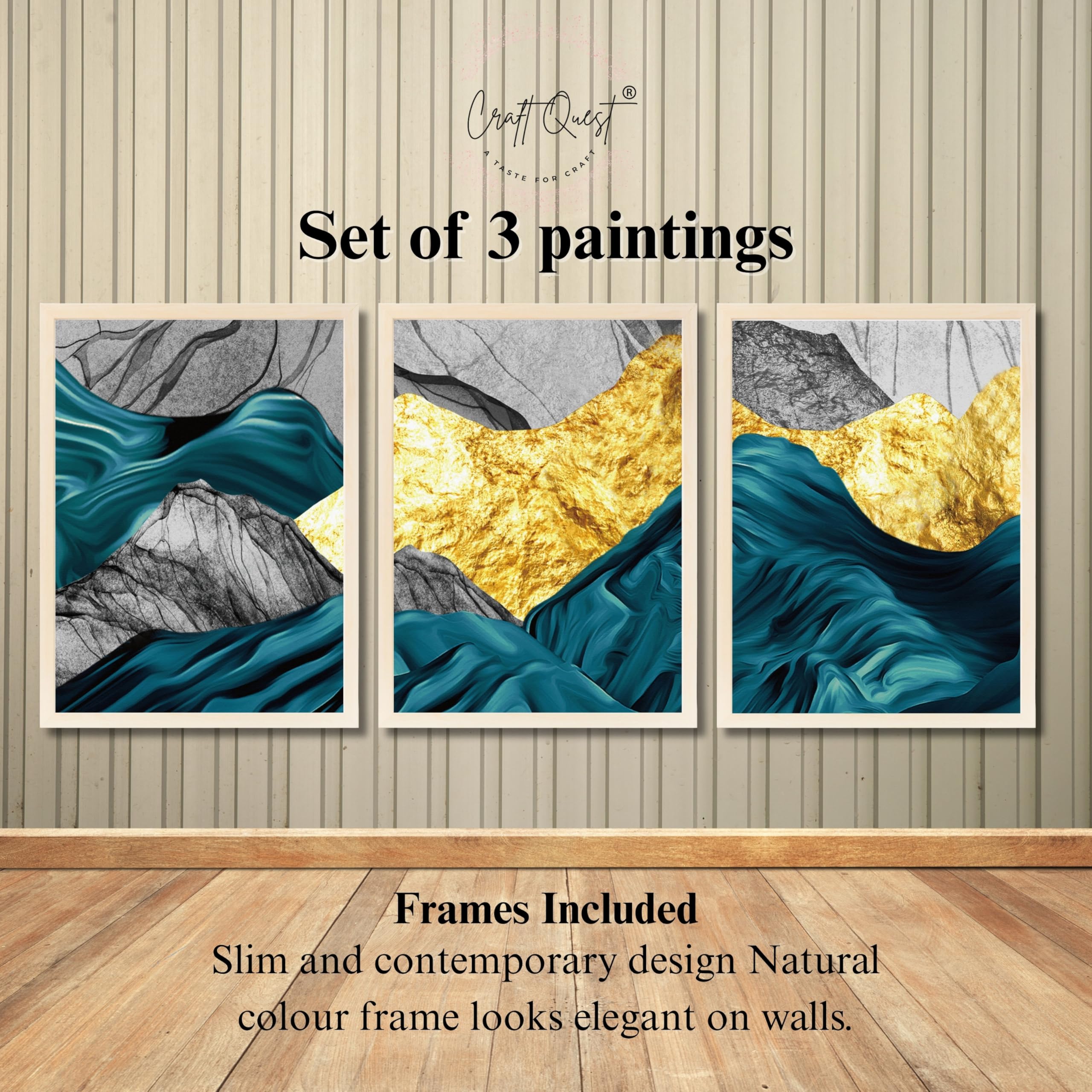 CRAFT QUEST Modern Art Abstract Golden Fashion Wall Art | Set of 3 Frames for Home Decoration | Ideal for Living Room, Bedroom & Offices