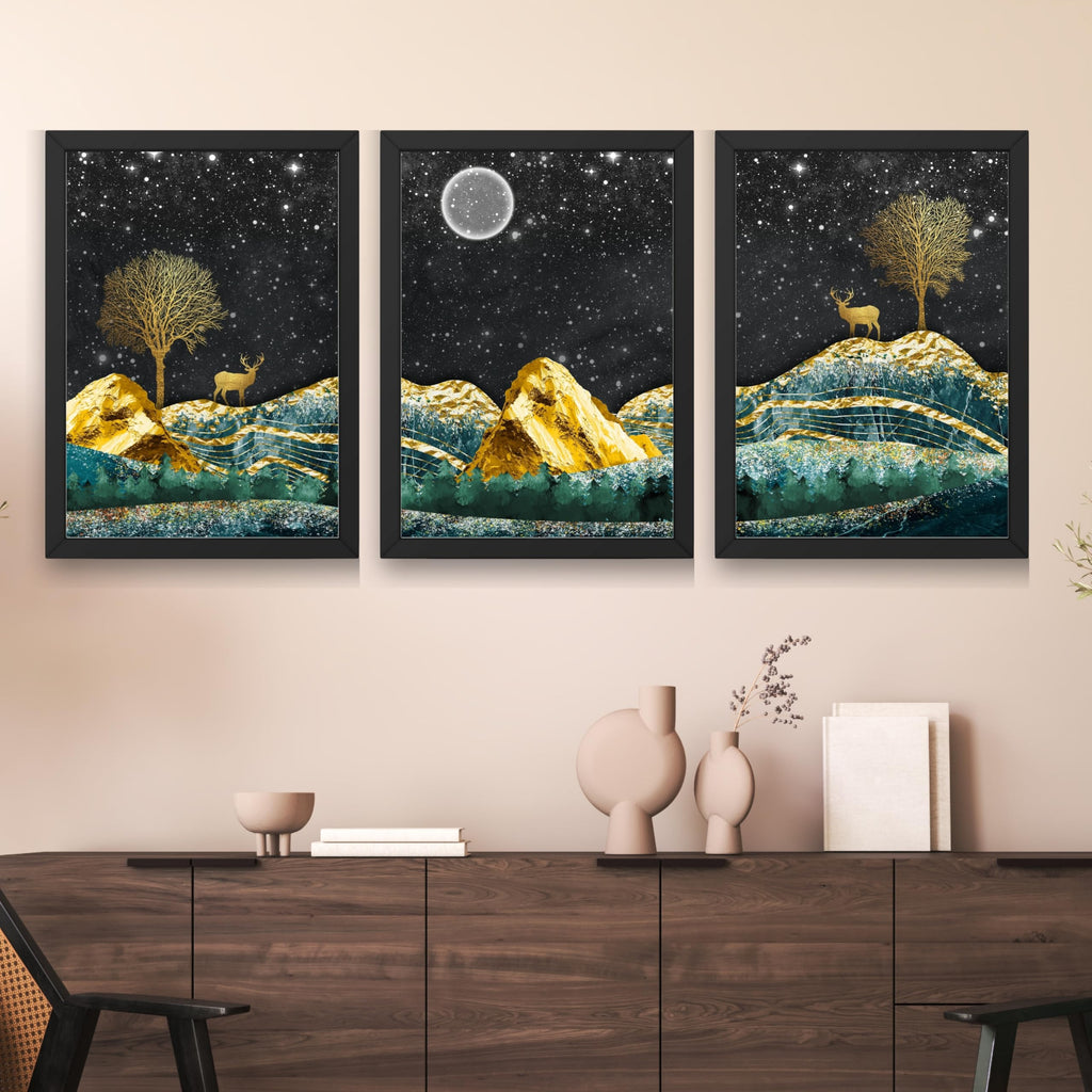 CRAFT QUEST Modern Art Landscape With Turquoise Mountains & Golden Trees Wall Art | Set of 3 Frames for Home Decoration | Ideal for Living Room, Bedroom & Offices