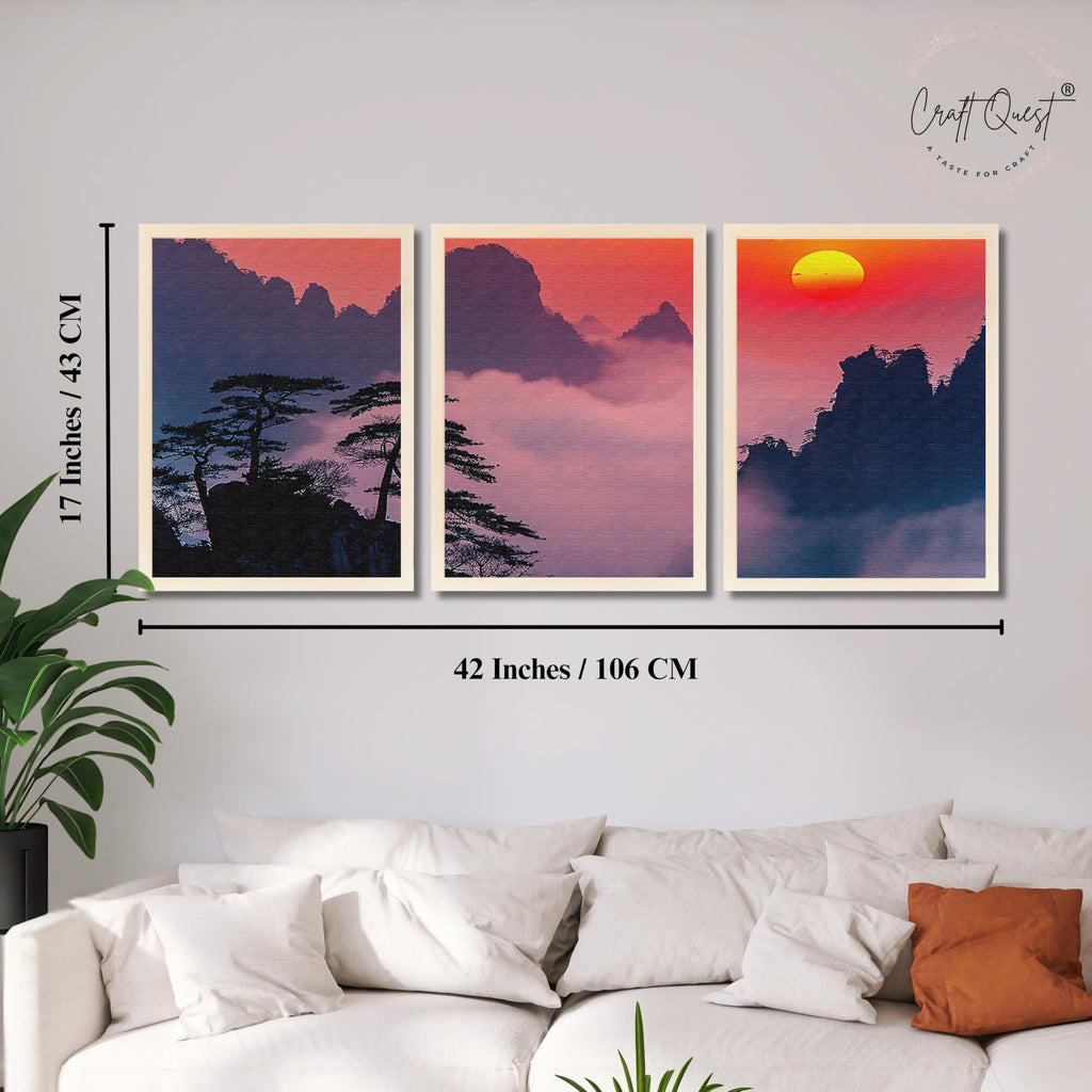 CRAFT QUEST Nature Inspired Mountains & Clouds Wall Art | Set of 3 Frames for Home Decoration | Ideal for Living Room, Bedroom & Offices