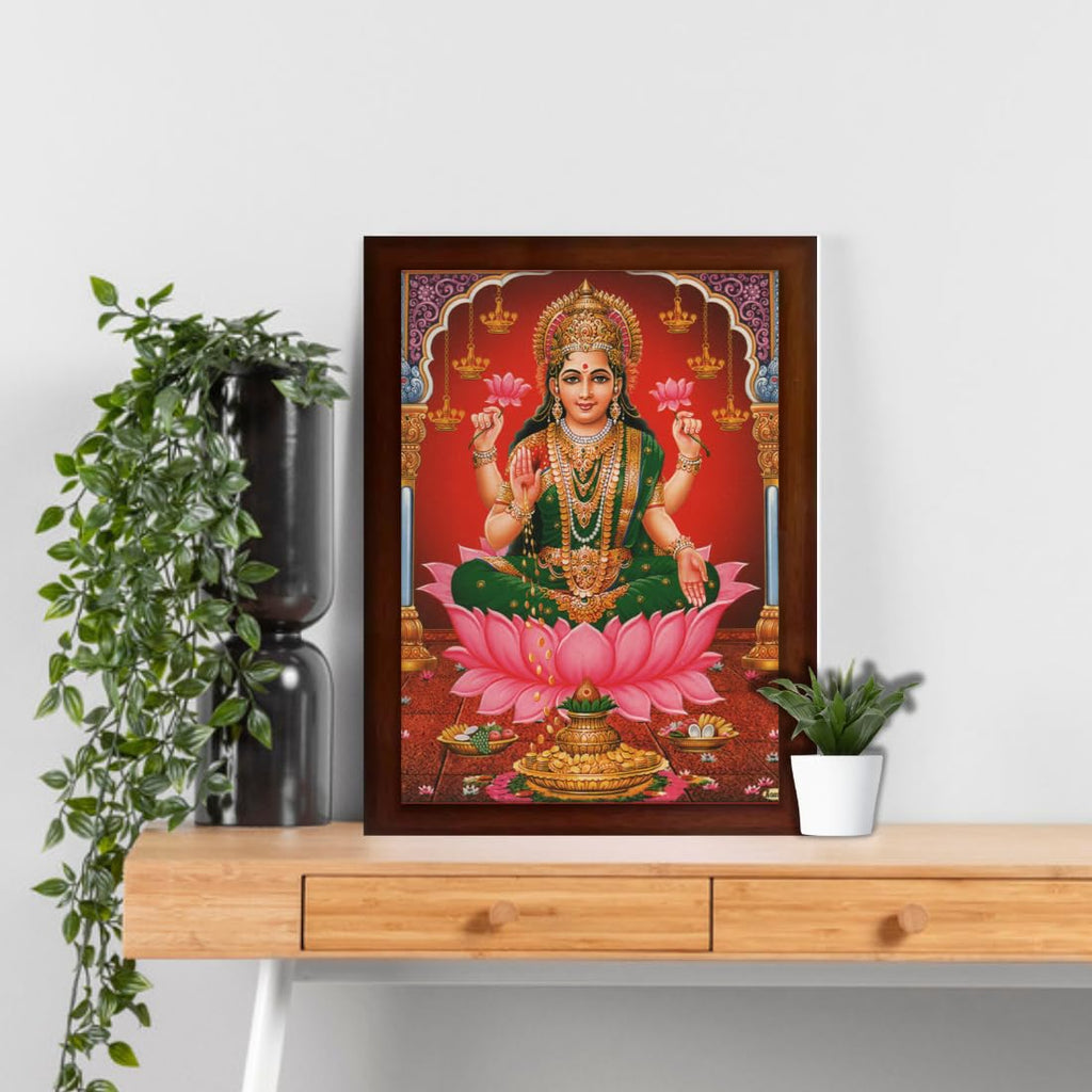 CRAFT QUEST Goddess Lakshmi Devi Dhana Vaibhav Laxmi Maa Wall Painting Framed Home Decor (Synthetic, Matte Finish, Brown, Medium Size, 14 X 10 Inch)