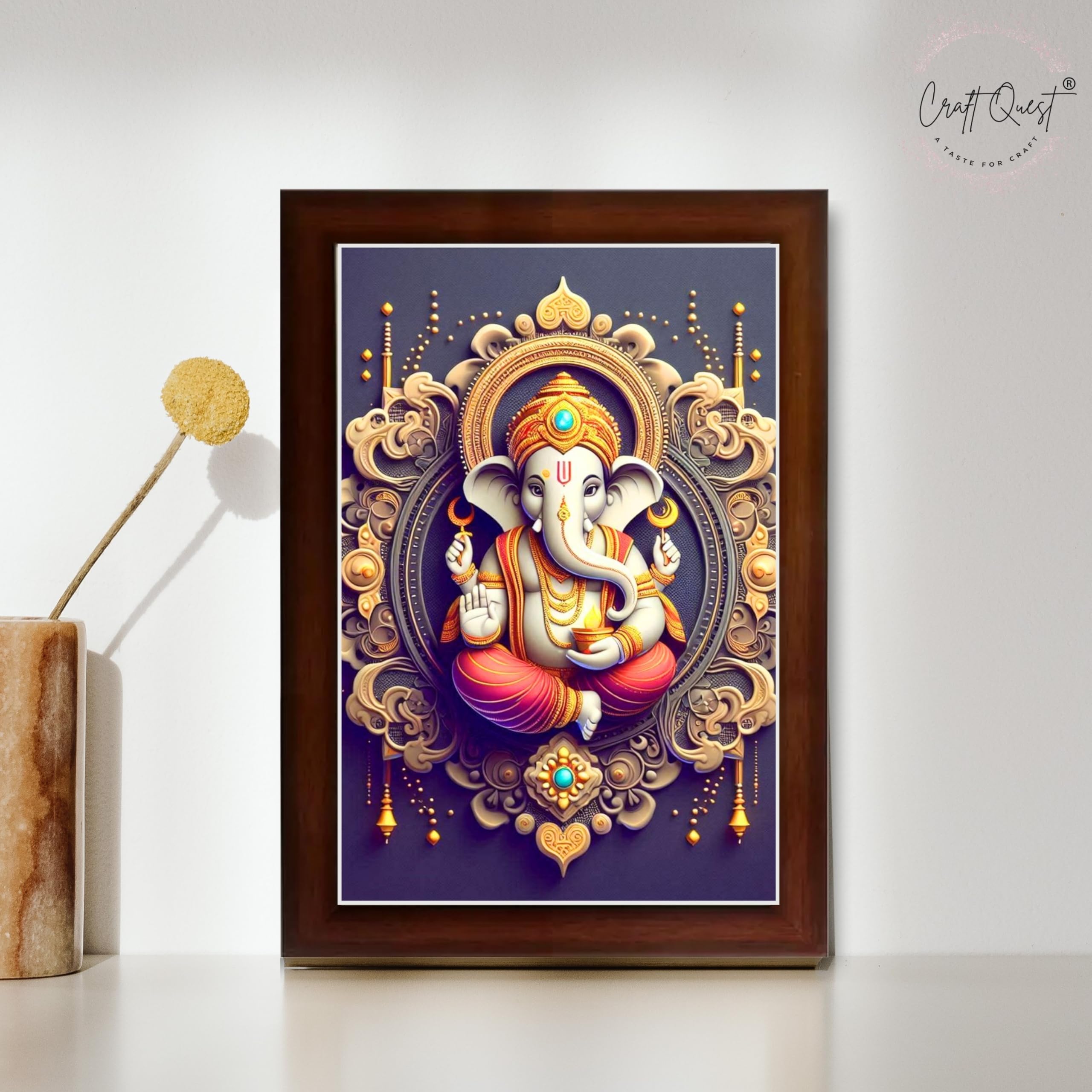CRAFT QUEST Ganesh Ganpati Ganesha Art Framed Painting Ready to Hang and Wall Home Decor