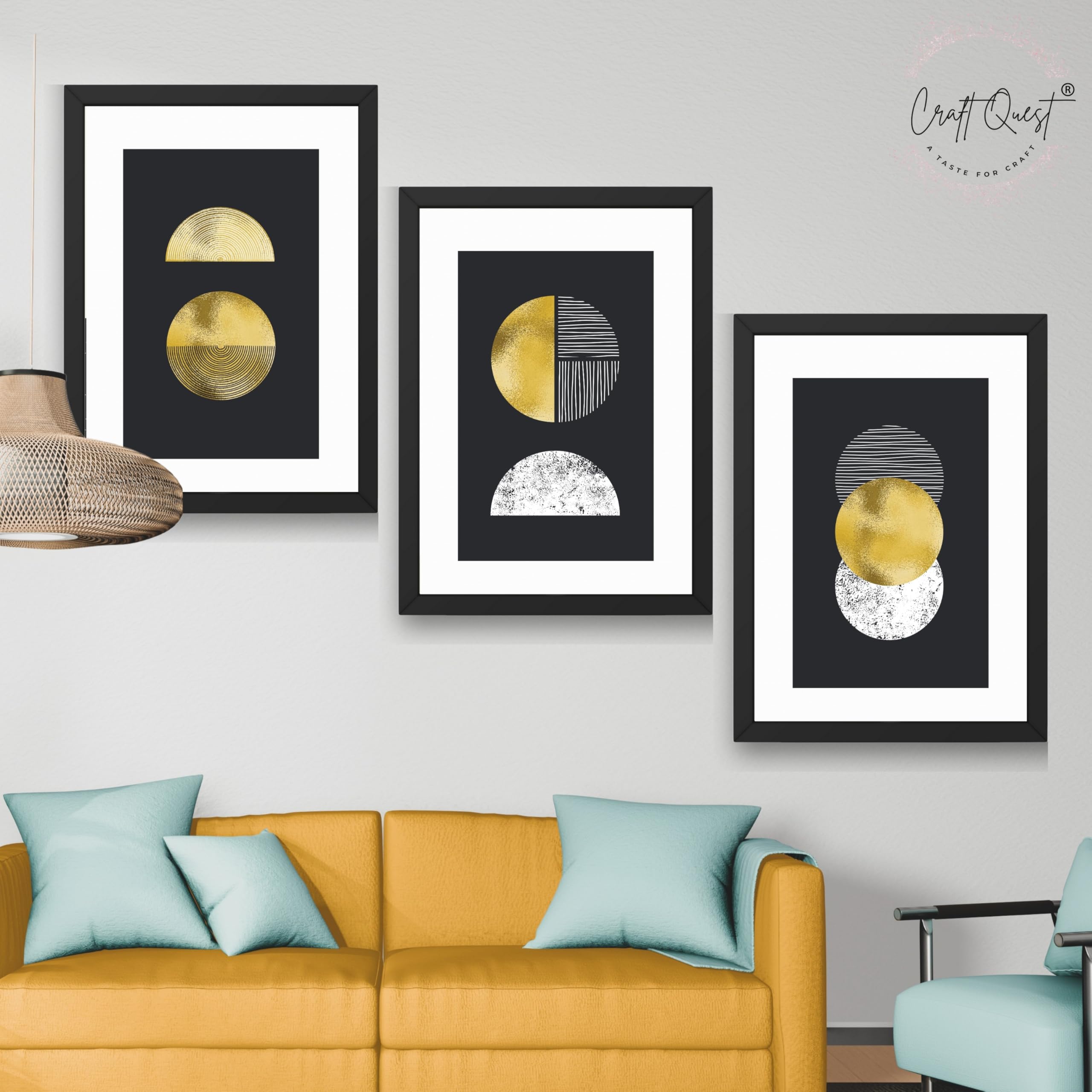 CRAFT QUEST Modern Minimalist Mid Century Abstract Wall Art | Set of 3 Frames for Home Decoration | Ideal for Living Room, Bedroom & Offices