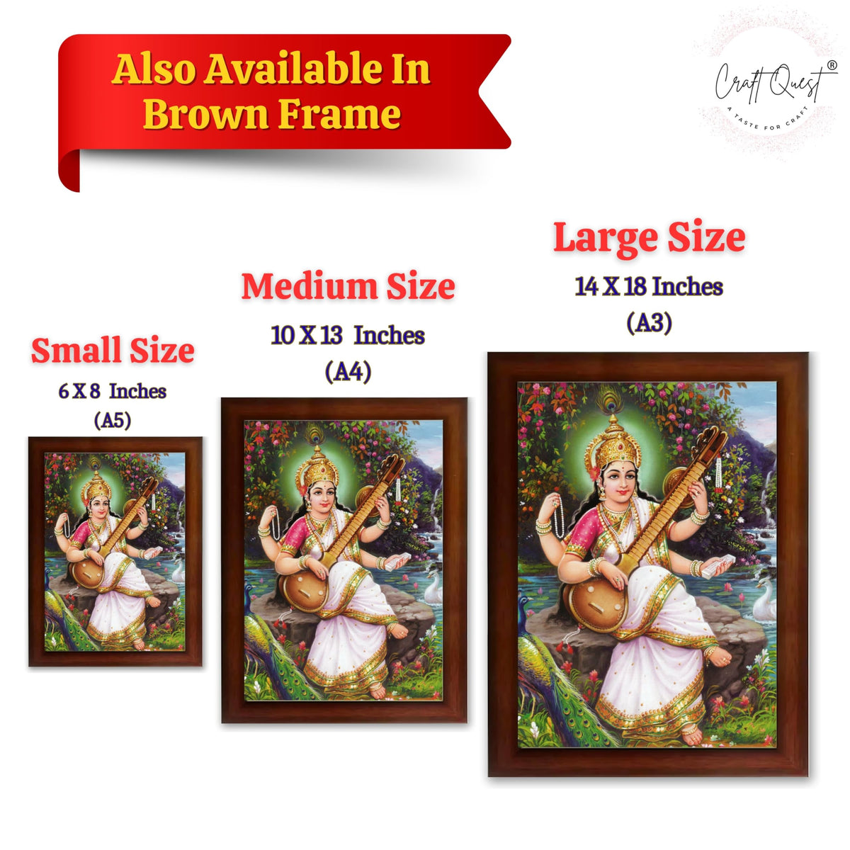 CRAFT QUEST Saraswati Devi Goddess Saraswathi Maa Wall Painting Framed Home Décor Synthetic wooden Framed