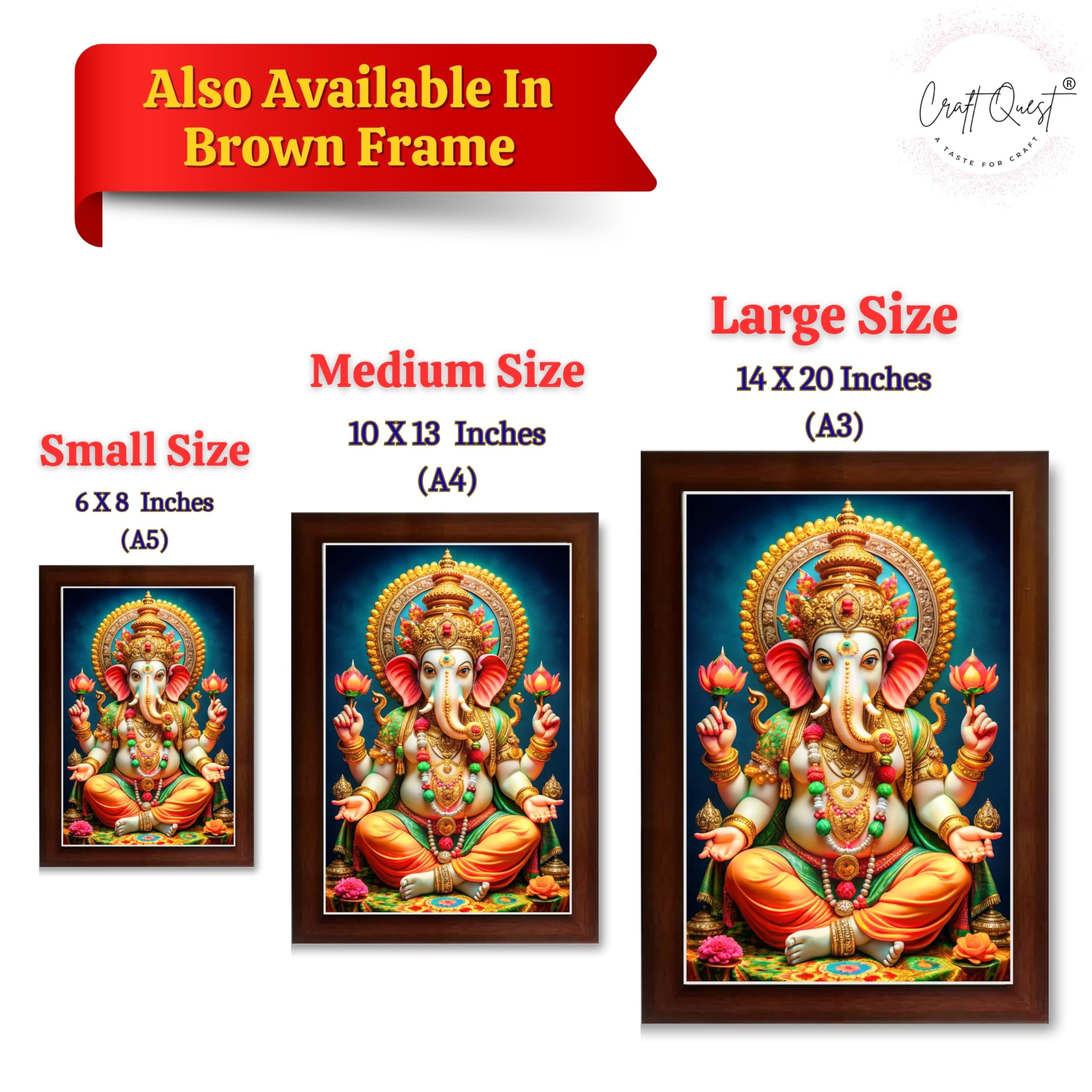 CRAFT QUEST Lord Ganpati Ji Laminated God Photo Frame Wall Decor Mandir Pooja Poster Religious Painting Divine Hindu Temple Decoration Spiritual Blessings Home Office Gift