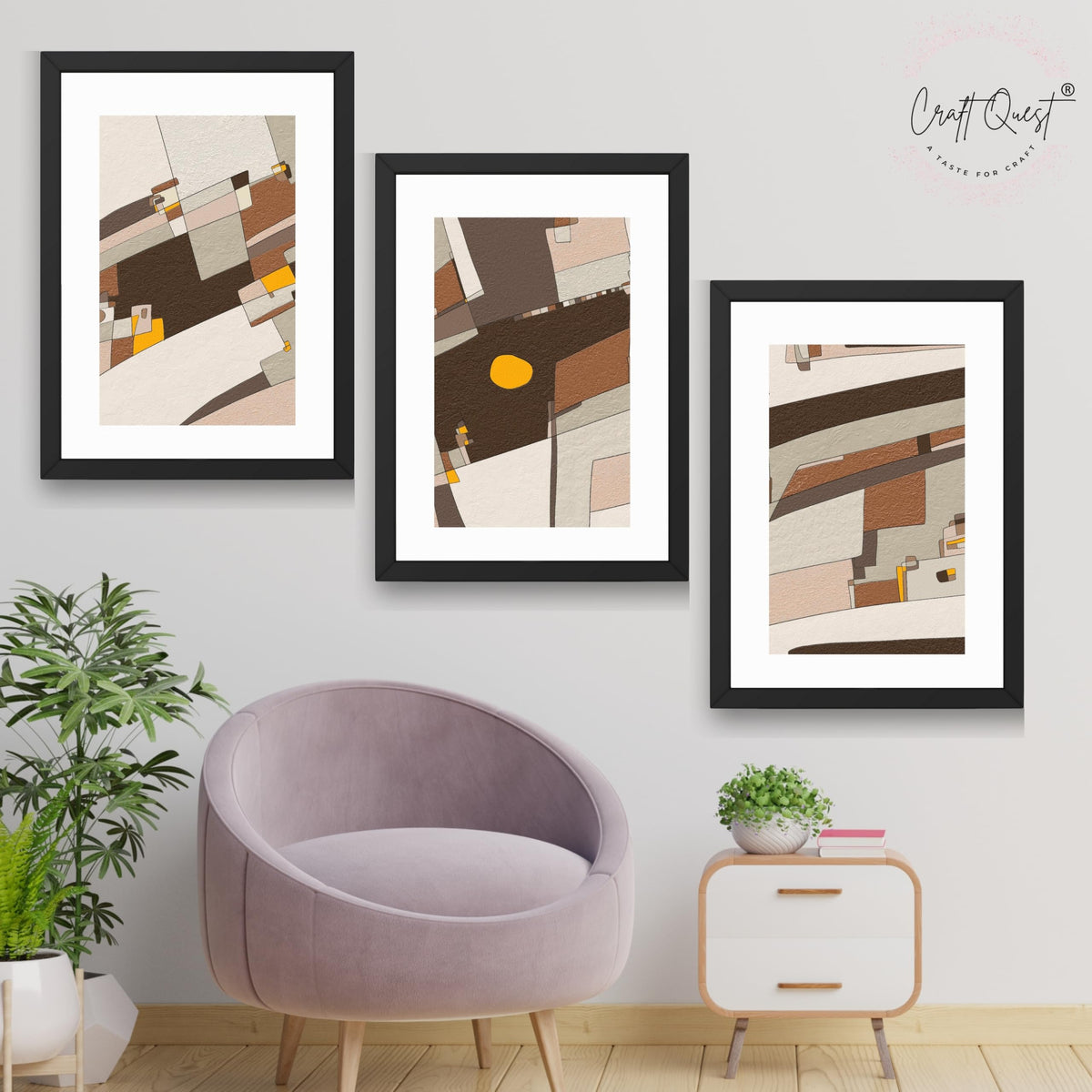 CRAFT QUEST Abstract Handdrawn Black Lines Contemporary Wall Decor | Set of 3 Frames for Home Decoration | Ideal for Living Room, Bedroom & Offices