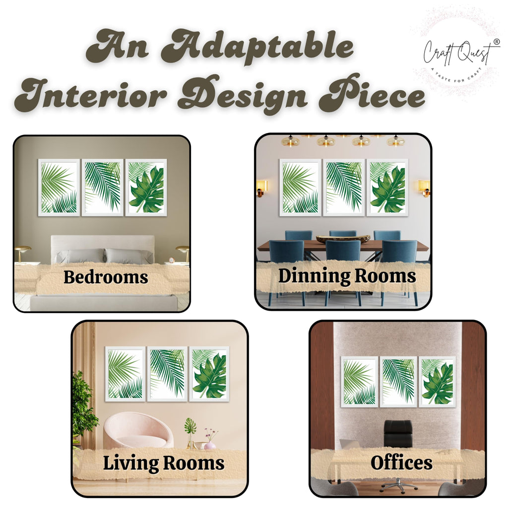 CRAFT QUEST Nature Inspired Tropical Palm Leaf Modern Wall Art | Set of 3 Frames for Home Decoration | Ideal for Living Room, Bedroom & Offices