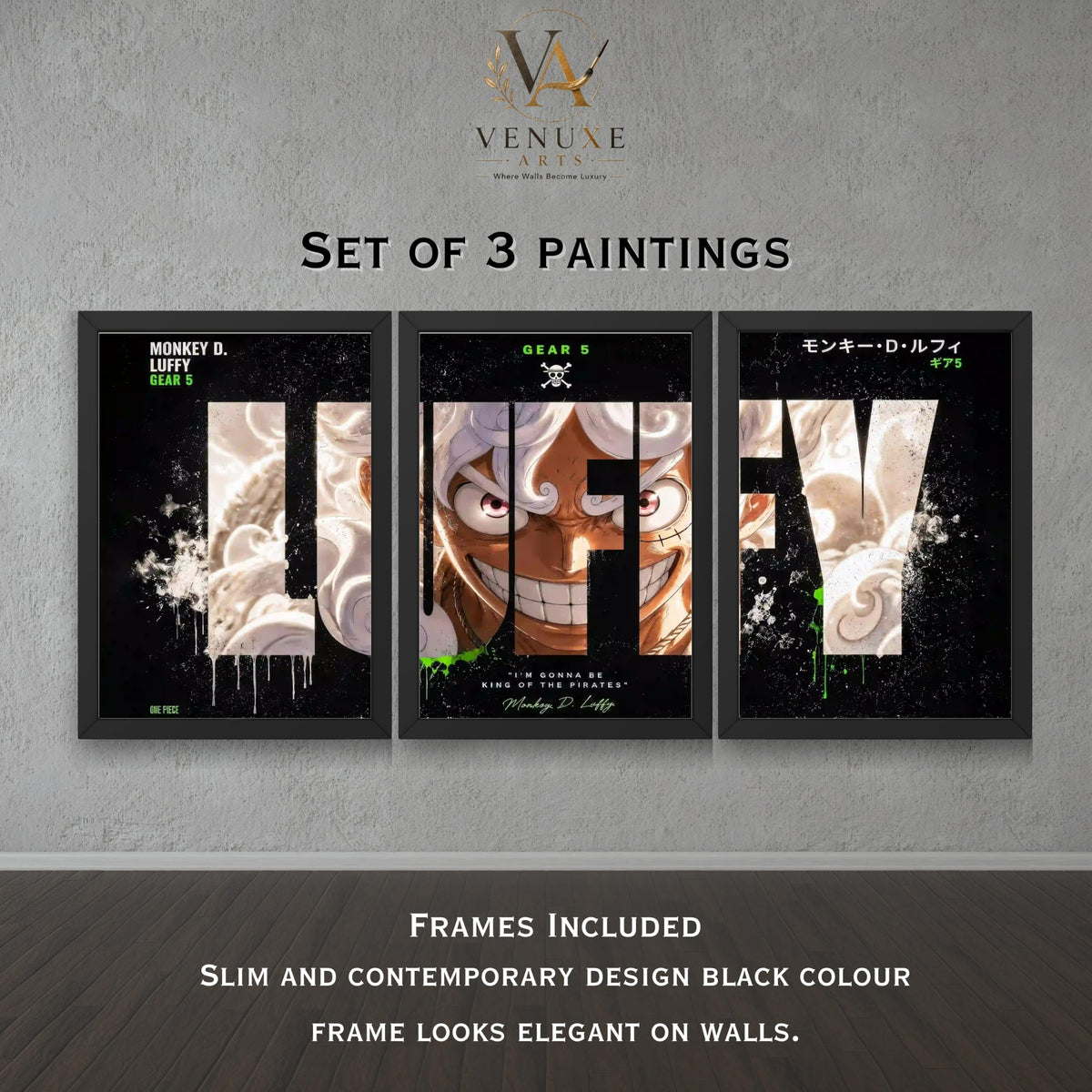 VENUXE ARTS Set Of 3 Anime Characters Wall Framed |Anime Characters Framed Poster for Living Room Bedroom Gaming Room Studio Wall Decor