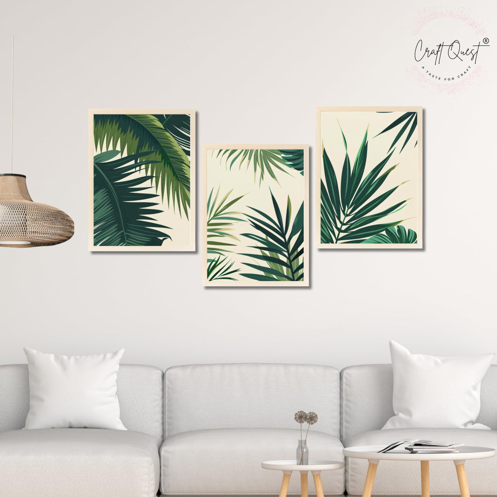 CRAFT QUEST Nature Inspired Tropical Palm Leaves Modern Wall Art | Set of 3 Frames for Home Decoration | Ideal for Living Room, Bedroom & Offices