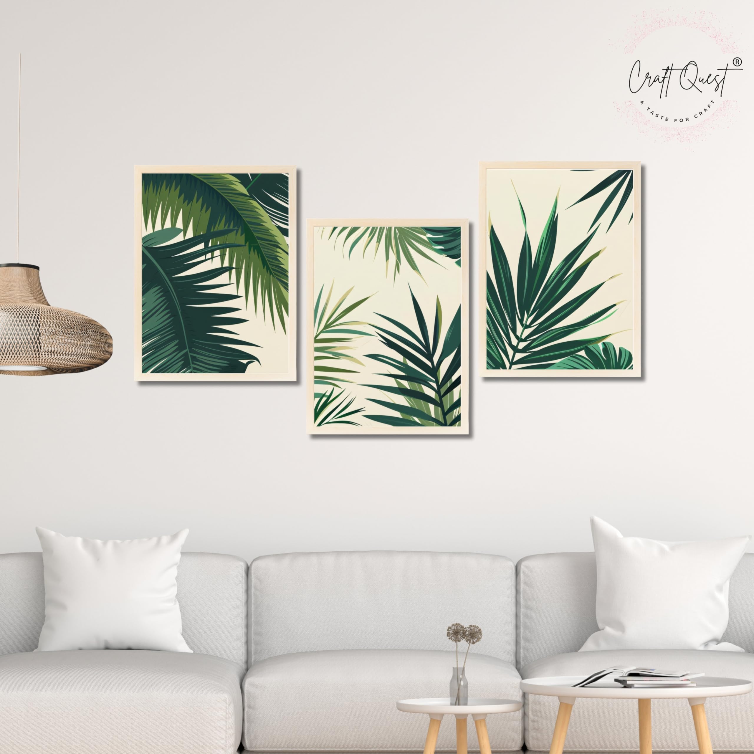 CRAFT QUEST Nature Inspired Tropical Palm Leaves Modern Wall Art | Set of 3 Frames for Home Decoration | Ideal for Living Room, Bedroom & Offices