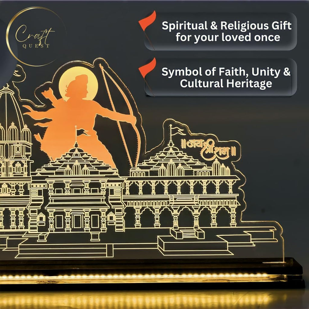 Craft Quest Shri Ram Mandir Ayodhya Model 2024 Photo Frame with LED Light Base - Table Top, 2D HD UV Acrylic Print - Unique Gifting, Home Decoration