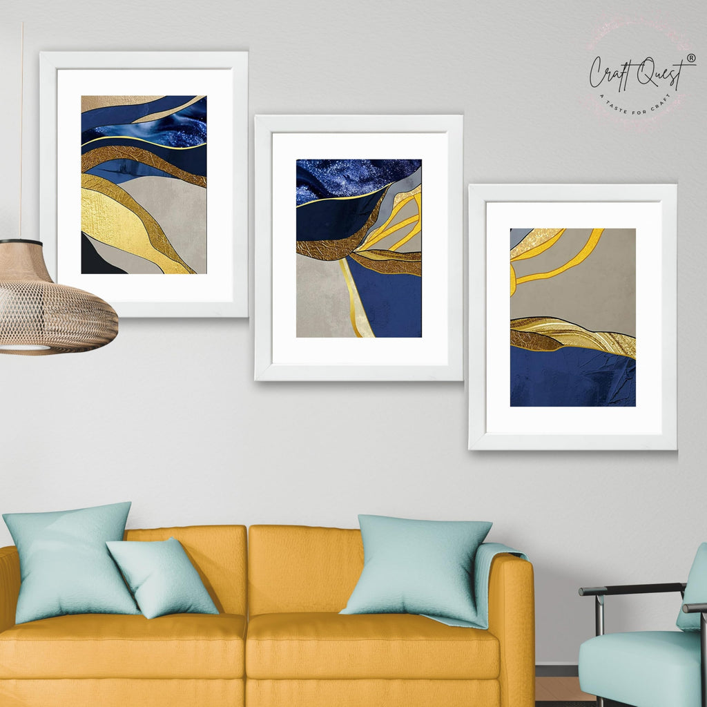 CRAFT QUEST Abstract Blue & Gold Artwork | Set of 3 Frames for Home Decoration | Ideal for Living Room, Bedroom & Offices