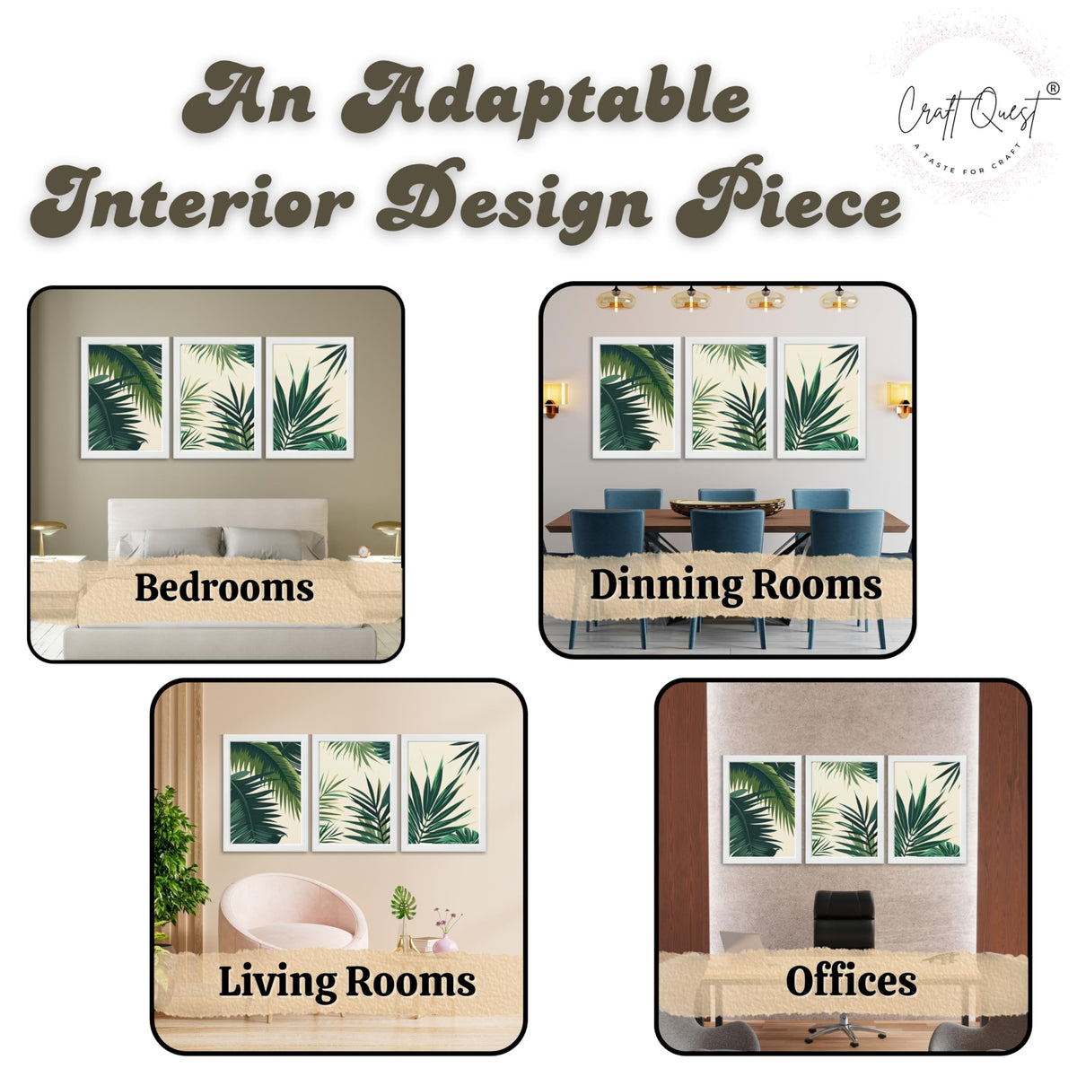 CRAFT QUEST Nature Inspired Tropical Palm Leaves Modern Wall Art | Set of 3 Frames for Home Decoration | Ideal for Living Room, Bedroom & Offices
