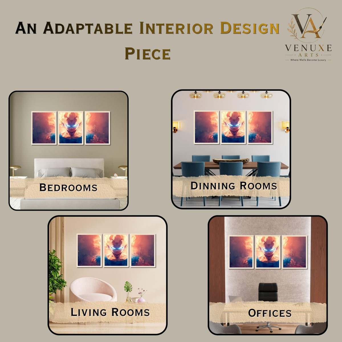 VENUXE ARTS Set Of 3 Anime Characters Wall Framed |Anime Characters Framed Poster for Living Room Bedroom Gaming Room Studio Wall Decor