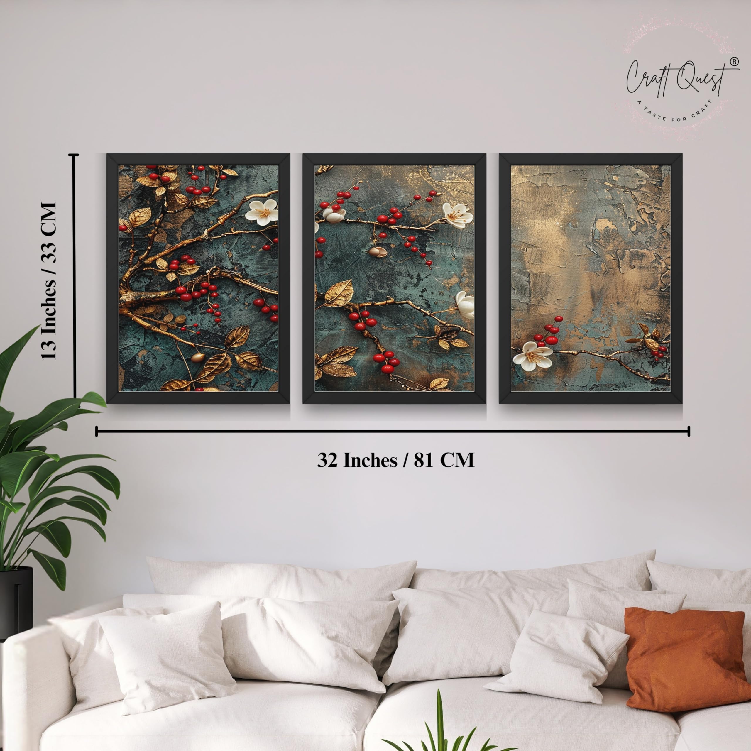CRAFT QUEST Nature Inspired Modern Wall Art | Set of 3 Frames for Home Decoration | Ideal for Living Room, Bedroom & Offices