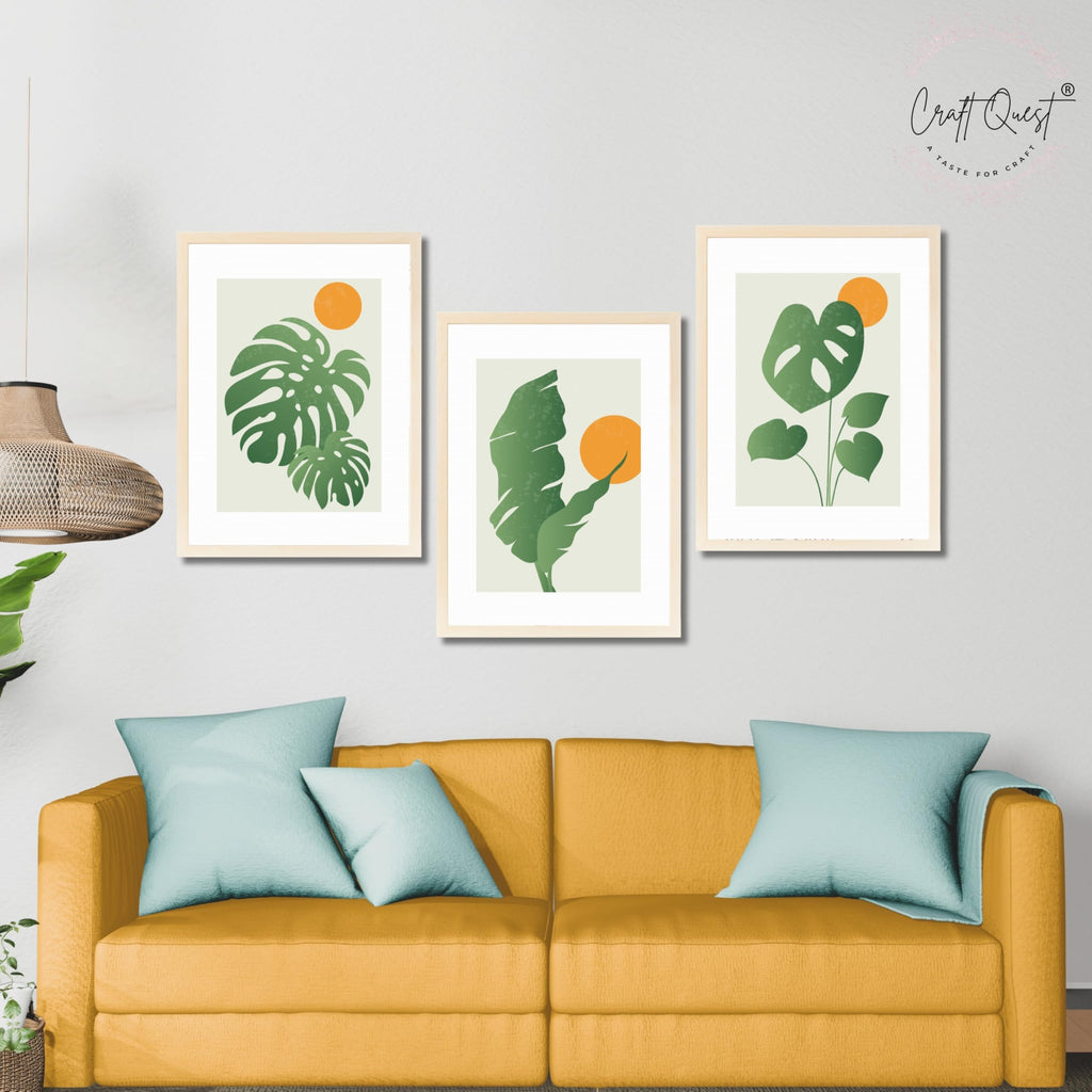 CRAFT QUEST Nature Inspired Abstract Gradient Tropical Leaf Wall Art | Set of 3 Frames for Home Decoration | Ideal for Living Room, Bedroom & Offices