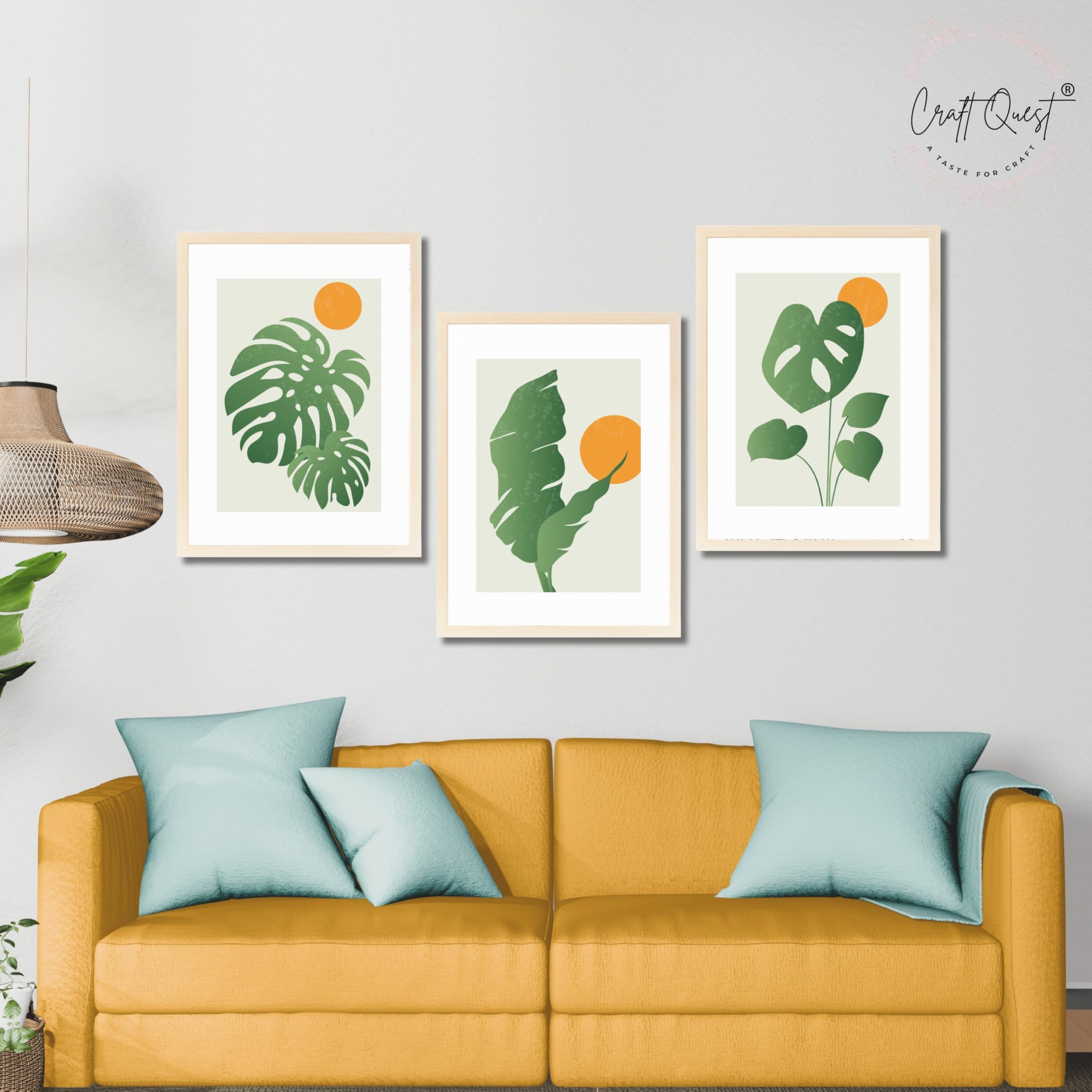 CRAFT QUEST Nature Inspired Abstract Gradient Tropical Leaf Wall Art | Set of 3 Frames for Home Decoration | Ideal for Living Room, Bedroom & Offices