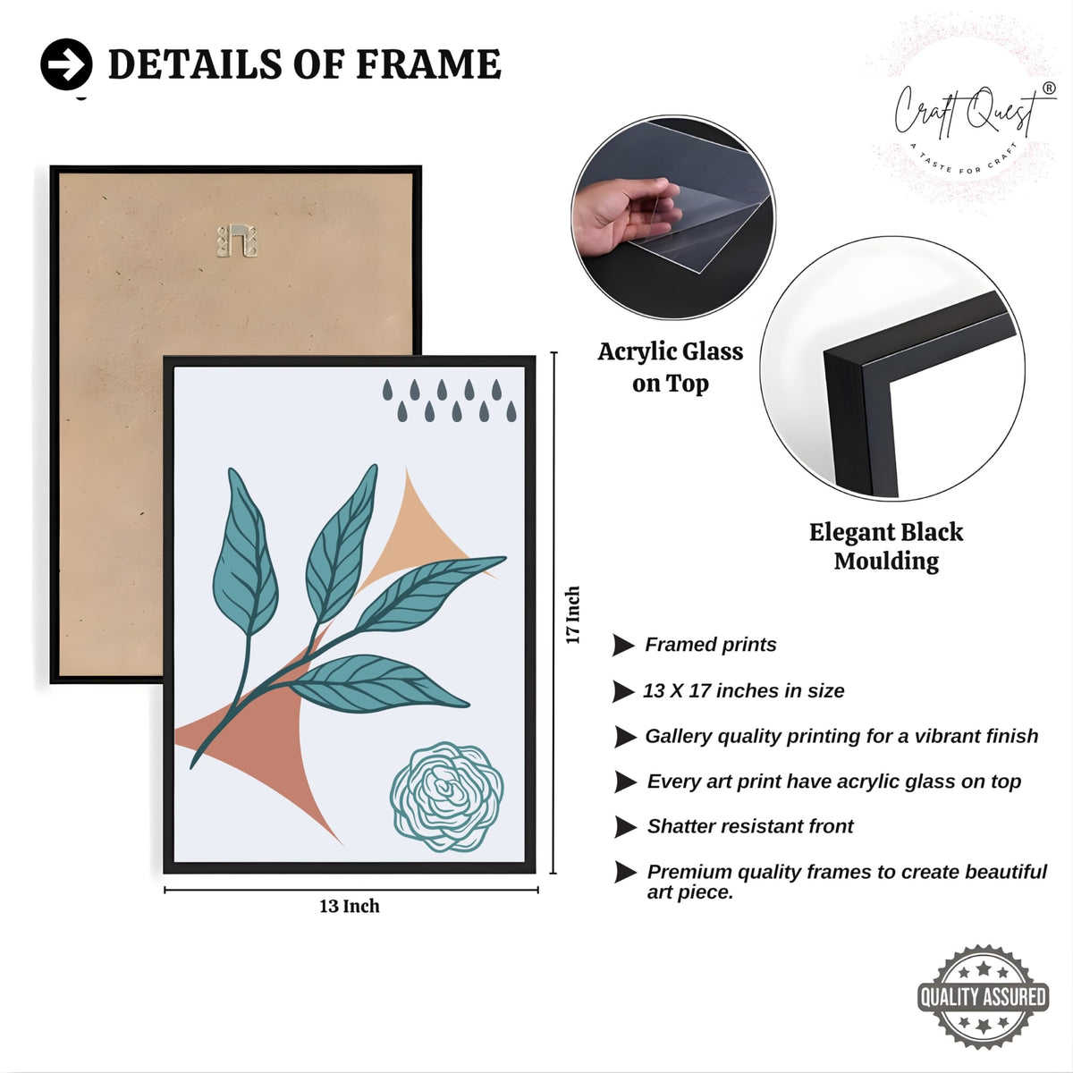 CRAFT QUEST Nature Inspired Botanical Wall Art Abstract Leaves Wall Art | Set of 3 Frames for Home Decoration | Ideal for Living Room, Bedroom & Office