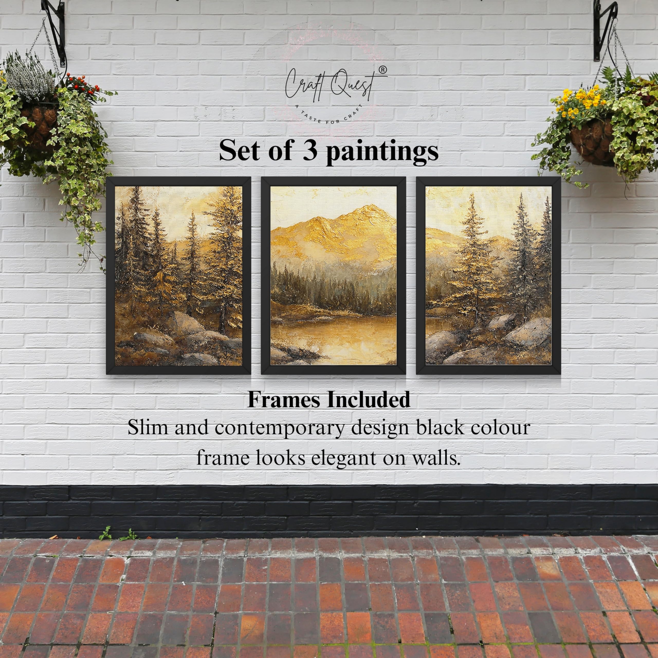 CRAFT QUEST Nature Inspired Painting Of Mountain With Trees Wall Art | Set of 3 Frames for Home Decoration | Ideal for Living Room, Bedroom & Office