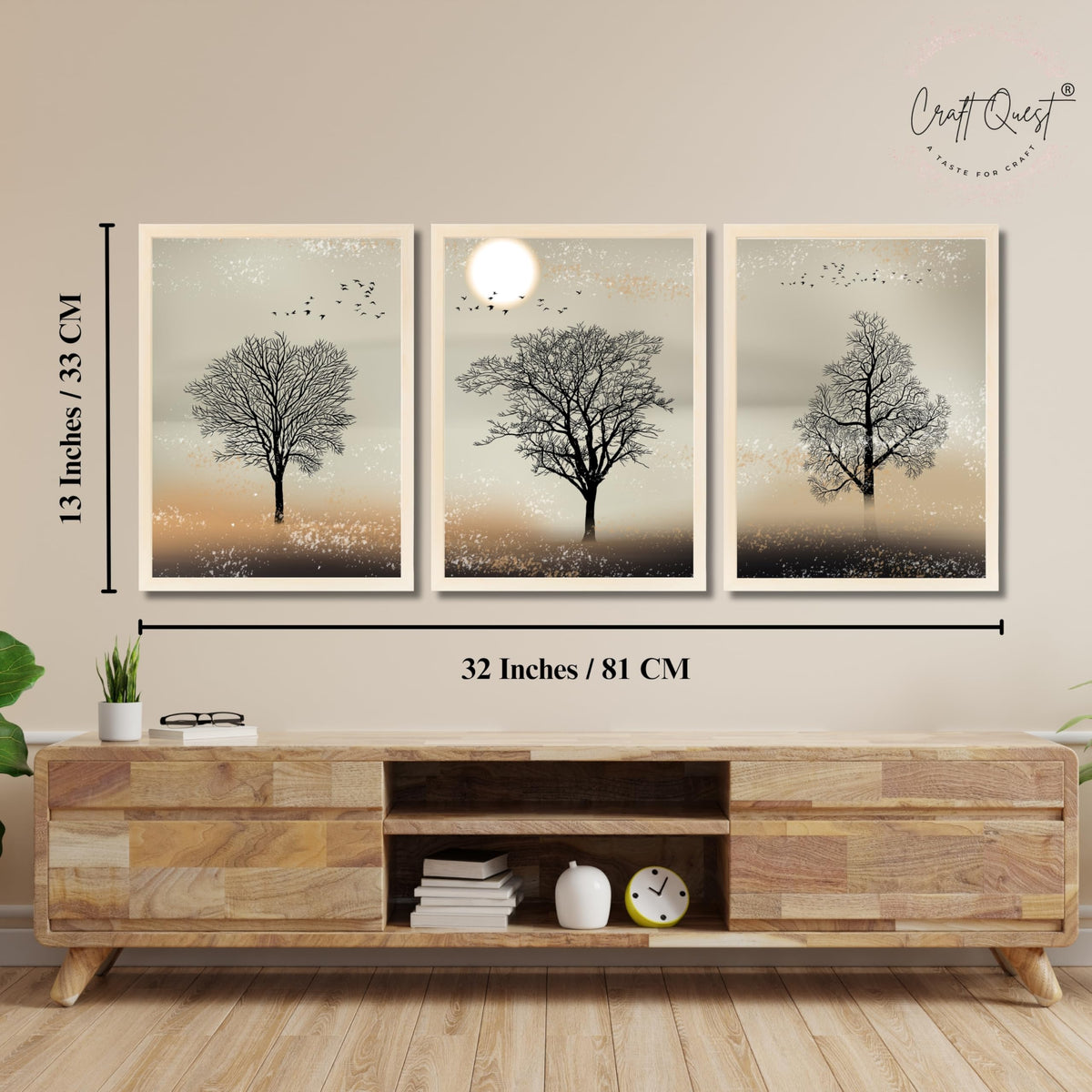 CRAFT QUEST Nature Inspired Landscape With Black Trees Modern Wall Art | Set of 3 Frames for Home Decoration | Ideal for Living Room, Bedroom & Office