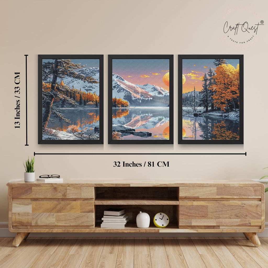 CRAFT QUEST Modern Art Paintings With Lake & Mountains Wall Art | Set of 3 Frames for Home Decoration | Ideal for Living Room, Bedroom & Offices