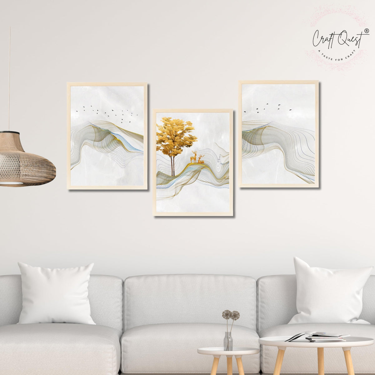 CRAFT QUEST Modern Art Landscapes Sanlian Adornment Wall Art | Set of 3 Frames for Home Decoration | Ideal for Living Room, Bedroom & Offices