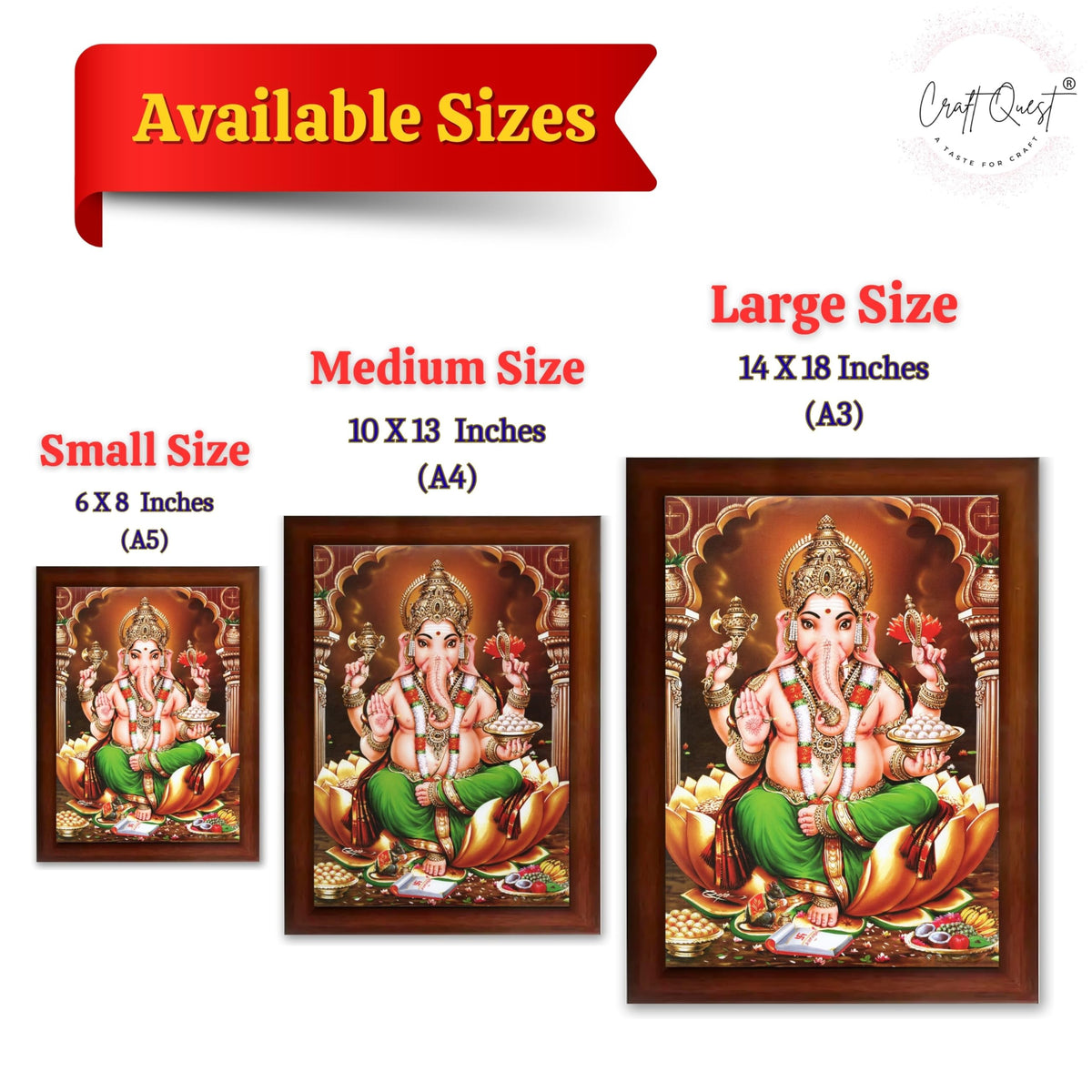 CRAFT QUEST Lord Ganesh Ganpati Photo Frame, Painting For Every House, Office, Temple, Blessing Hindu,Gift Item, Wall Decor
