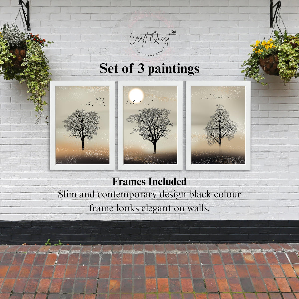 CRAFT QUEST Nature Inspired Landscape With Black Trees Modern Wall Art | Set of 3 Frames for Home Decoration | Ideal for Living Room, Bedroom & Office