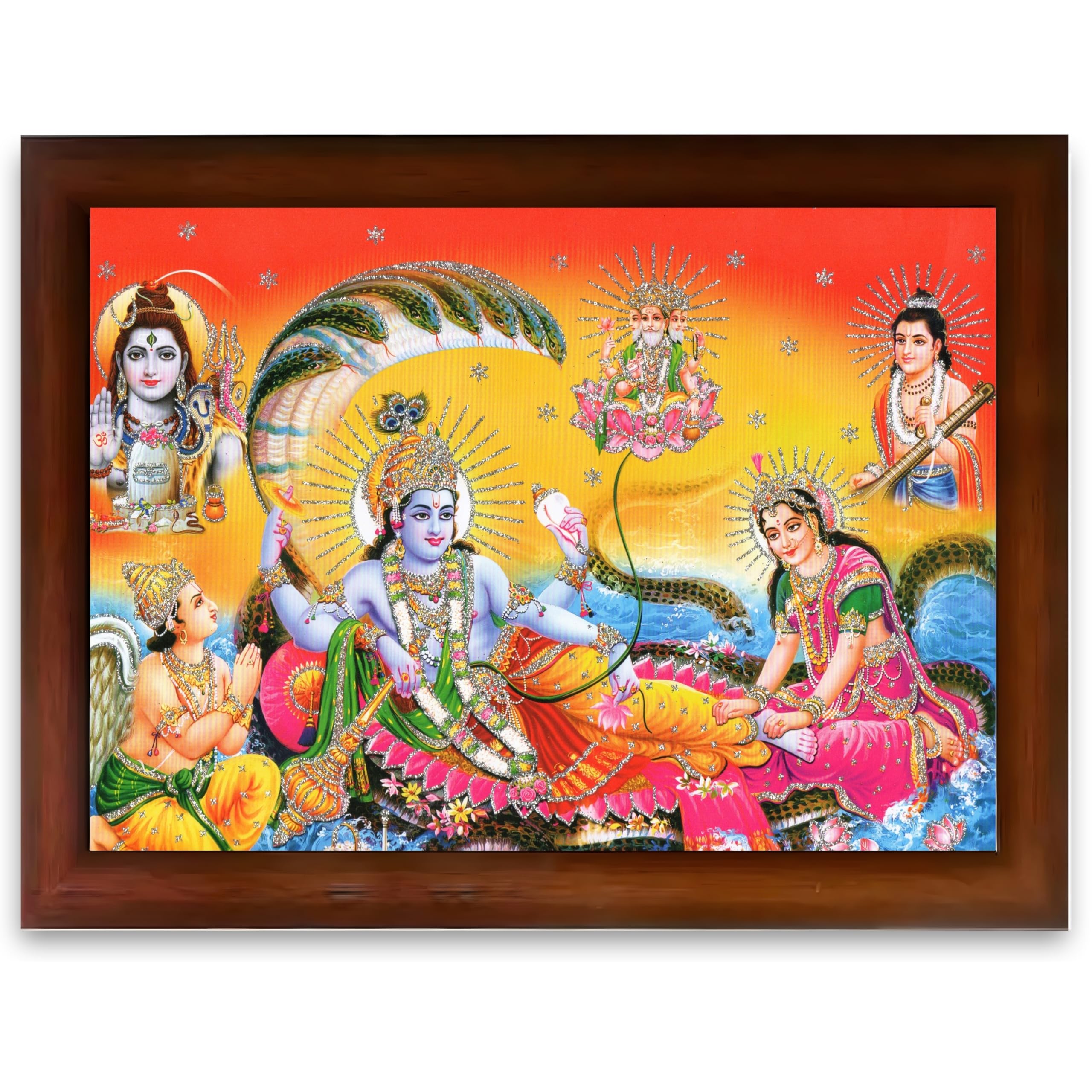 CRAFT QUEST Goddess Lakshmi pressing legs of lord Vishnu on Shesh naag, Glitter Work Painting wooden frame