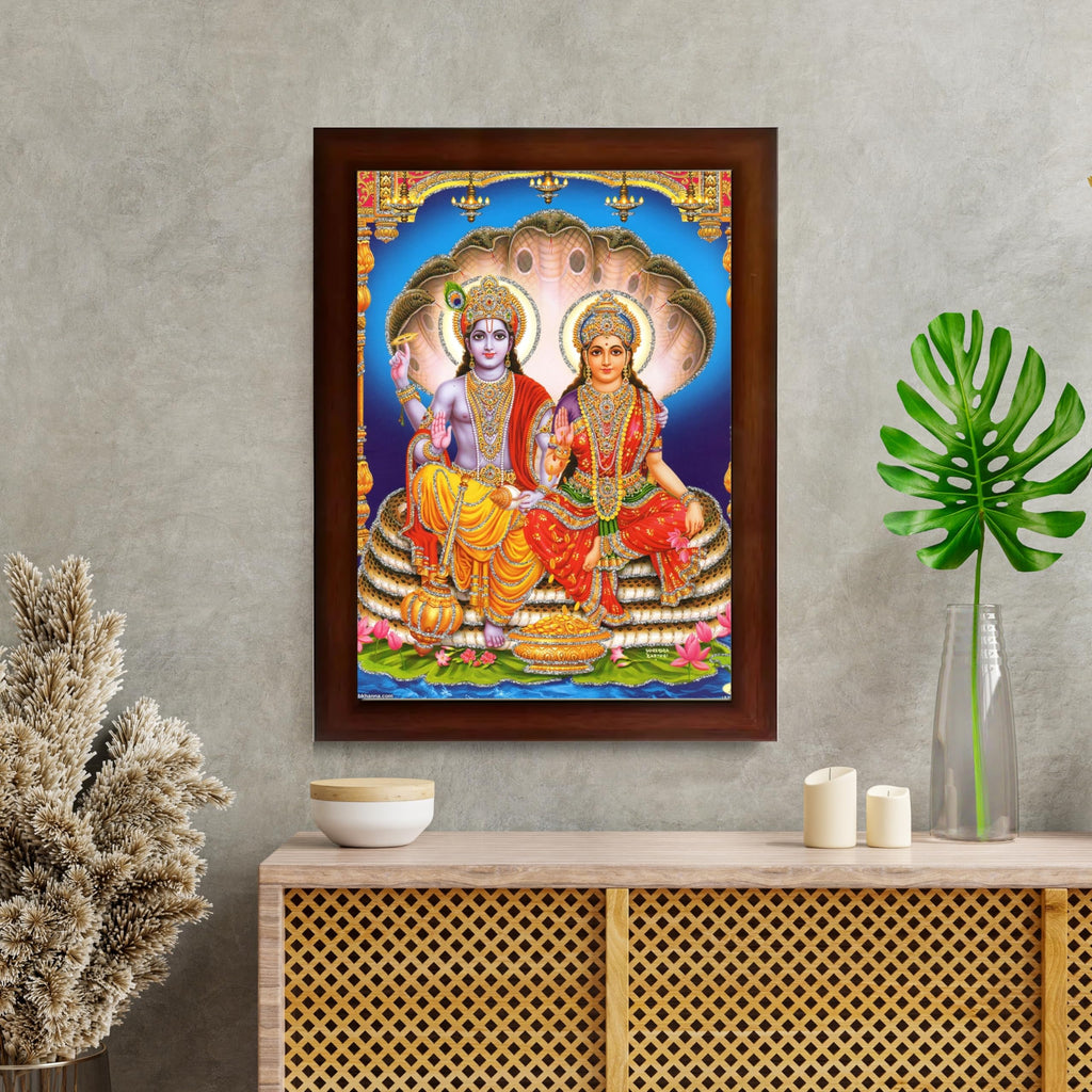 CRAFT QUEST Lord Vishnu and Goddess Lakshmi Giving Blessing on Shesh naag Glitter Painting with Golden Synthetic Frame