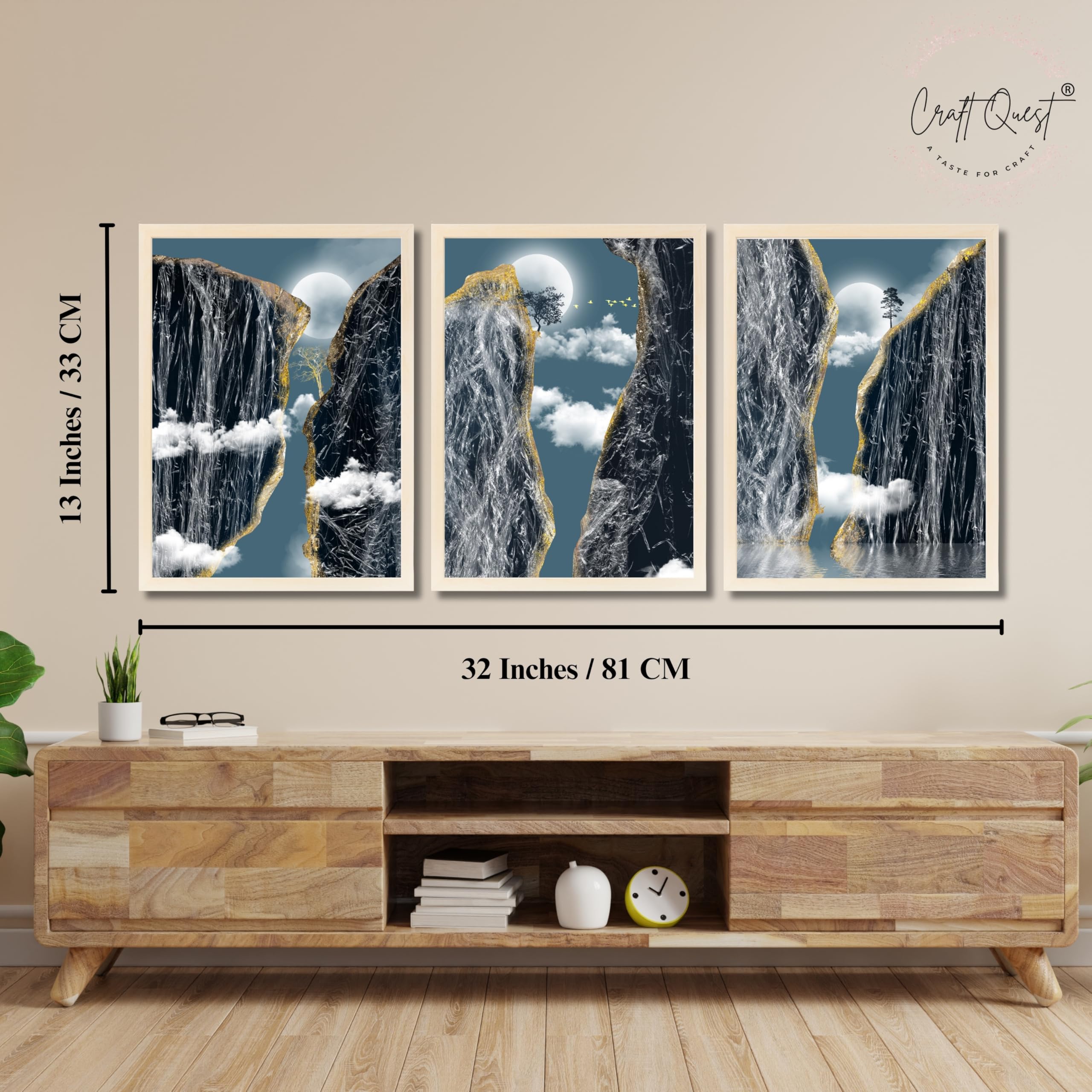 CRAFT QUEST Modern Art Abstract Landscape Decorative Wall Art | Set of 3 Frames for Home Decoration | Ideal for Living Room, Bedroom & Offices