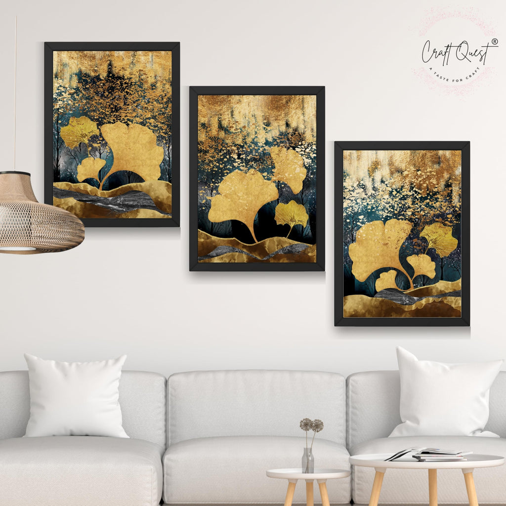 CRAFT QUEST Modern Art Of Ginko Leaves With Golden Mountains Wall Art | Set of 3 Frames for Home Decoration | Ideal for Living Room, Bedroom & Offices