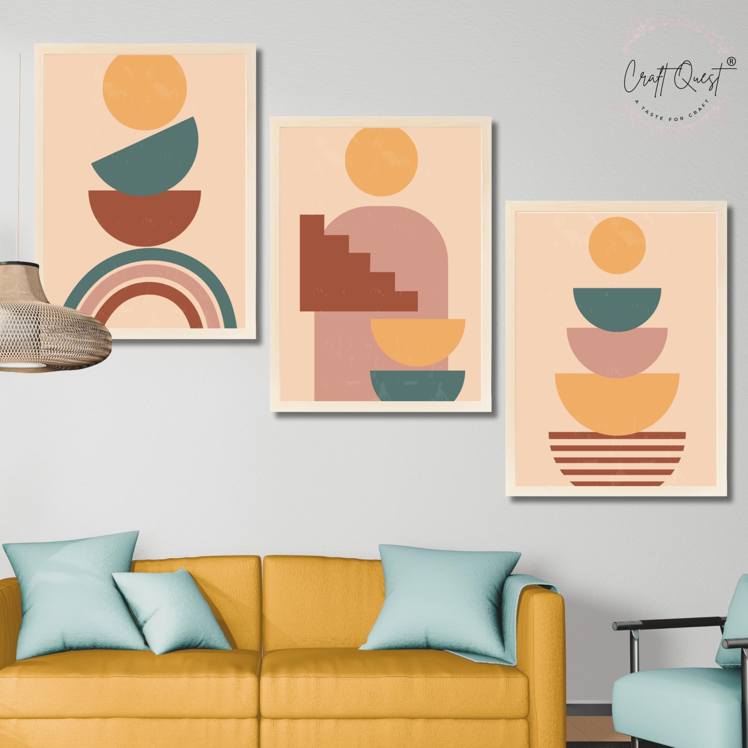 CRAFT QUEST Wall Art Decor Paintings | Set of 3 BOHO Wall Art Frames for Home Decoration | Ideal for Living Room, Offices & Bedrooms