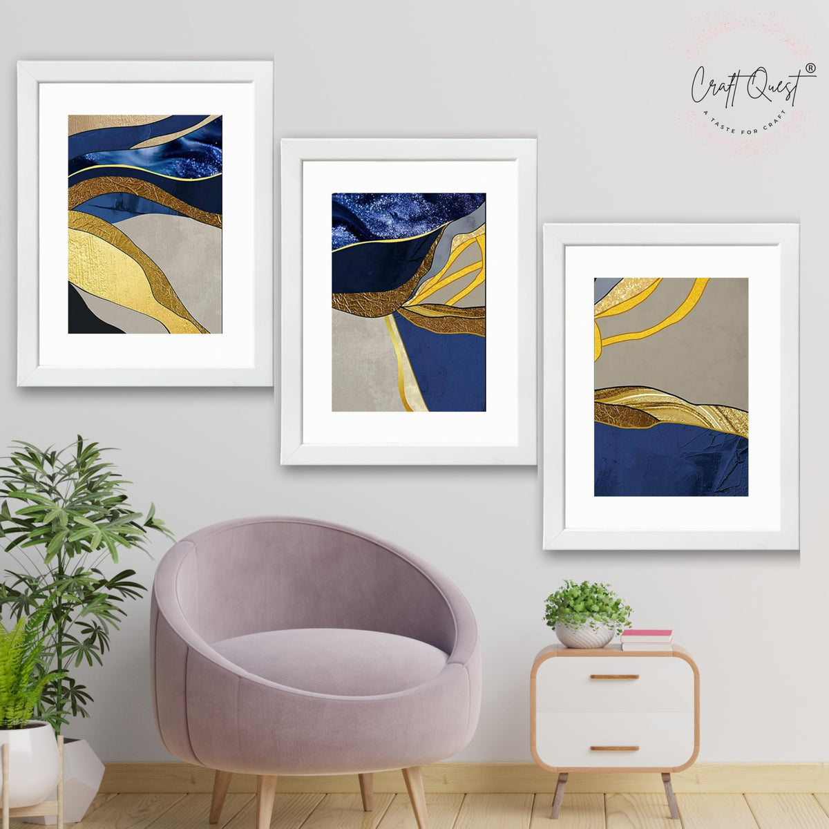 CRAFT QUEST Abstract Blue & Gold Artwork | Set of 3 Frames for Home Decoration | Ideal for Living Room, Bedroom & Offices