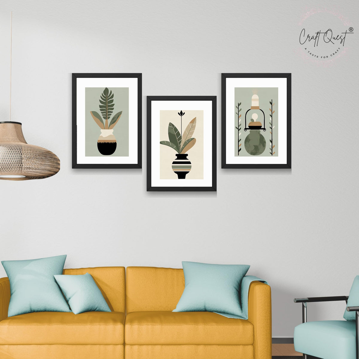 CRAFT QUEST Boho Leaves & Flowers Geometric Abstract | Set of 3 Frames for Home Decoration | Ideal for Living Room, Bedroom & Offices