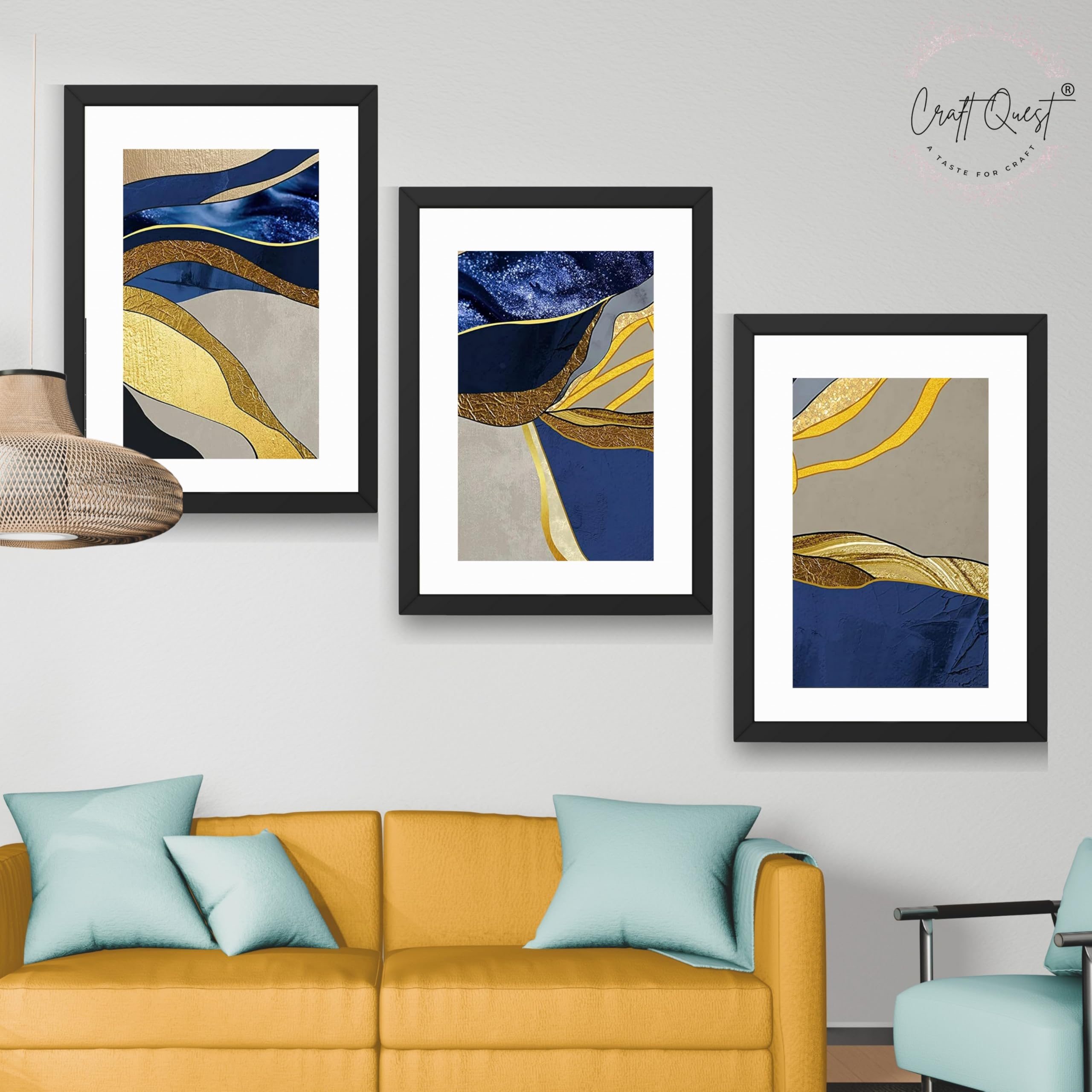 CRAFT QUEST Abstract Blue & Gold Artwork | Set of 3 Frames for Home Decoration | Ideal for Living Room, Bedroom & Offices