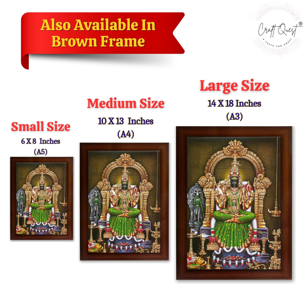 CRAFT QUEST Kanchi Kamakshi Kamachi Amman Kanji Kamatchi Wall Painting Photo Framed | South God Picture Frame for Home, Office, Temple & Gifting